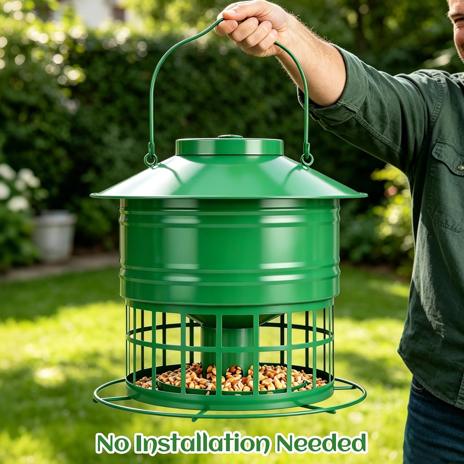 Bird Feeder for Outdoors, Squirrel Proof for Outside 10LB Large Capacity Metal Wild Bird Feeder with 32 Feeding Ports, Hanging Birdfeeder for Cardinals, Bluebirds, Finches (Green)