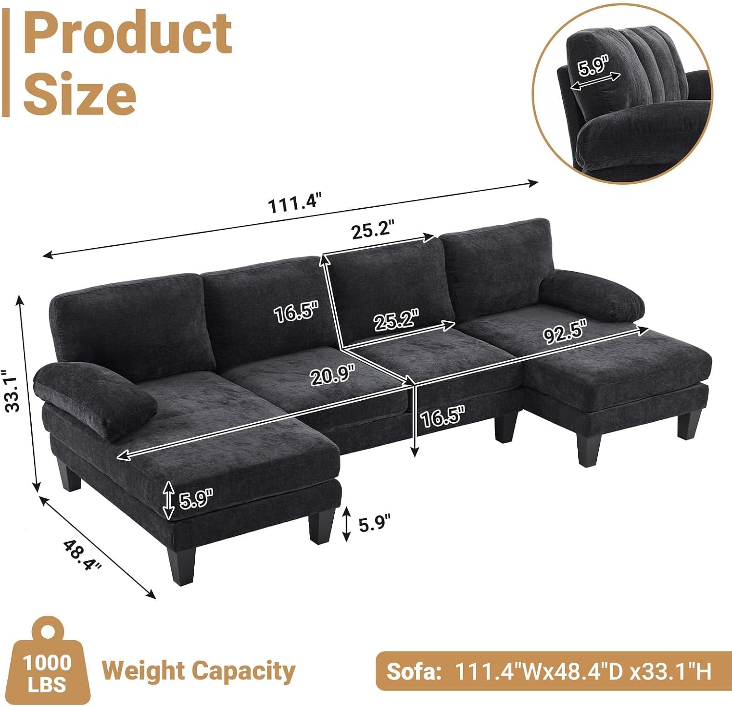 110" Sectional Couches for Living Room U Shaped Couch with Double Chaise 4-Seat Sofa Set with Corduroy Fabric for Home Furniture