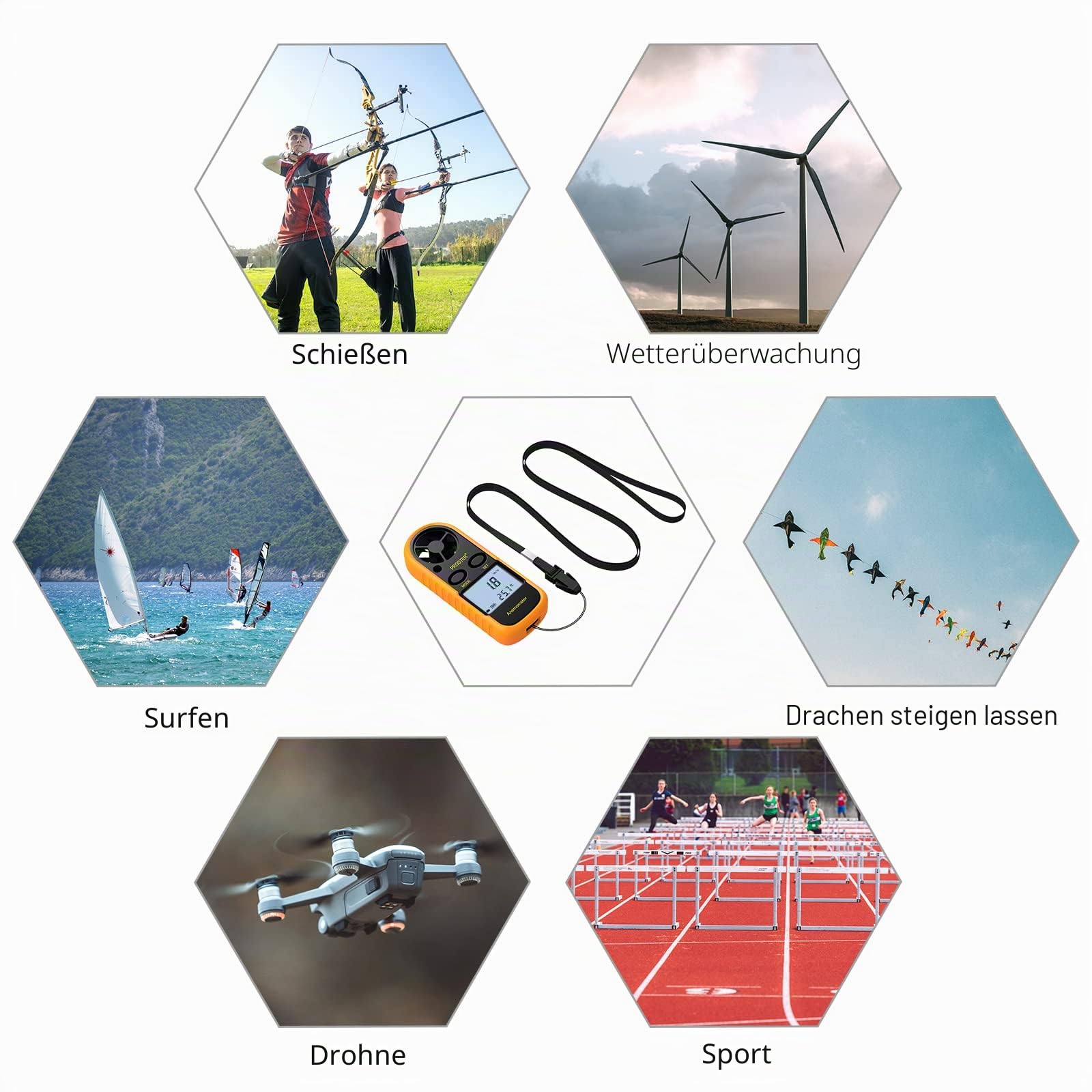 Proster Anemometer - Handliches Windgeschwindigkeitsmesser mit Hintergrundbeleuchtung LCD-Windmesser Wind Luftstromgeschwindigkeit Messgeschwindigkeit und Temperatur für RC-Drohnen Windsurfen