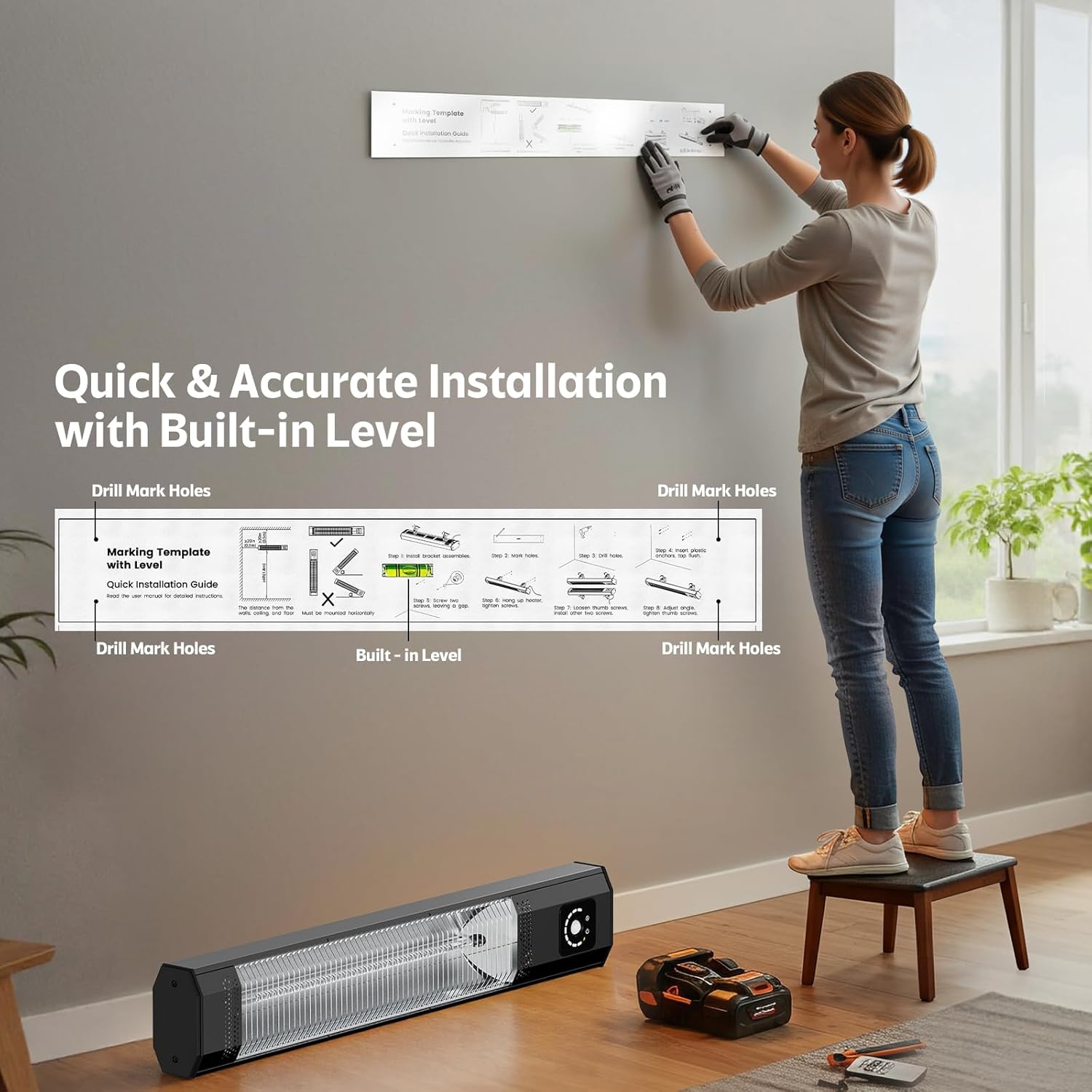 Wall-Mounted Electric Patio Heater, 34 1500W Infrared Heater With Motion Sensor, IPX5 Waterproof, 9 Heat Level & 9H Timer, Indoor & Outdoor Heaters for Patio, Backyard, Garage, and Decks