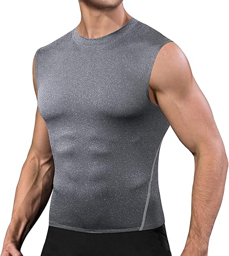 Miniatura 3 de Odoland Paquete de 5 camisas de compresión sin mangas para hombre, camiseta sin mangas de capa base atlética de ajuste seco, camisetas deportivas