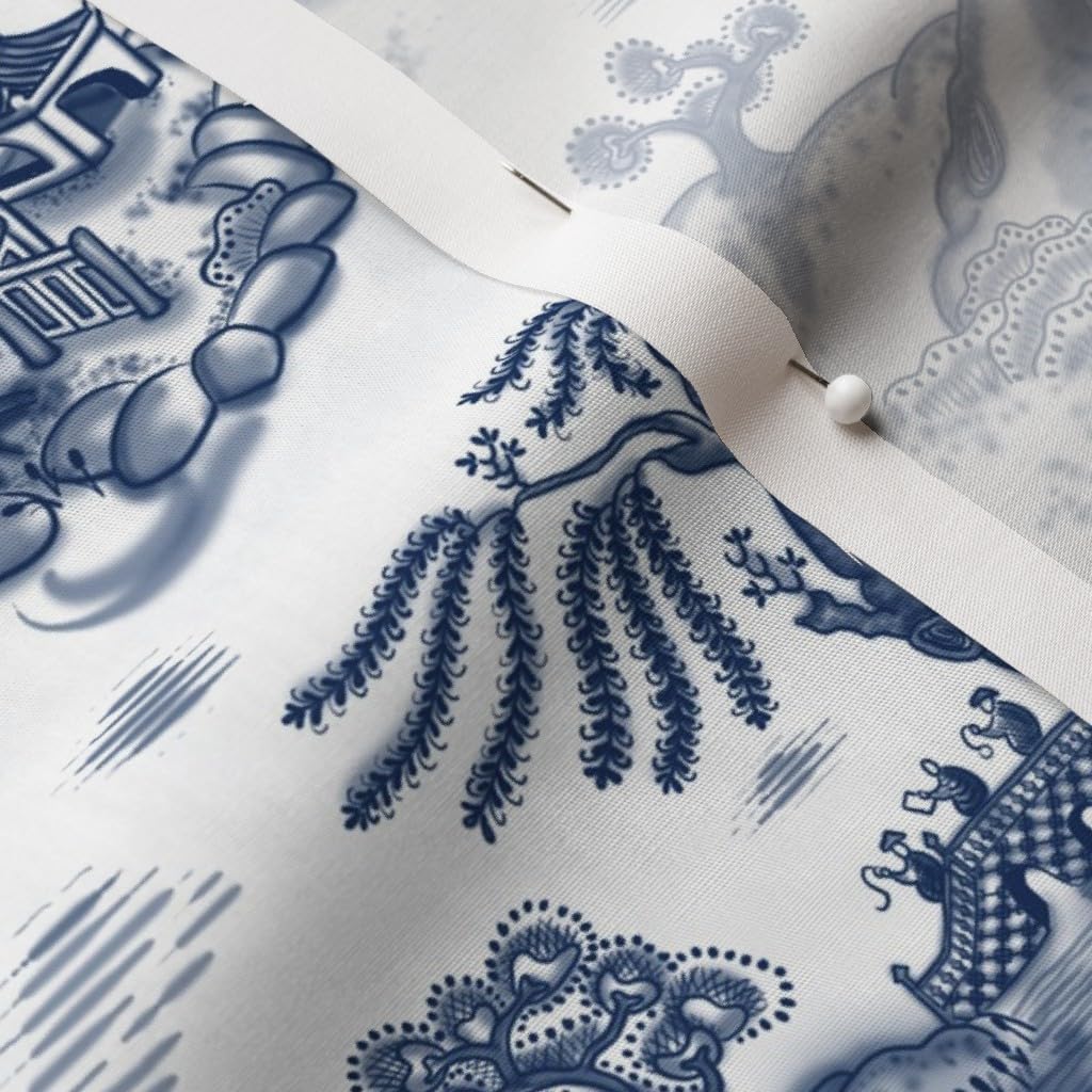 Spoonflower Fabric - Blue, Willow, Toile, Temple, Trees, Bird, Garden, Asian, China, Japan, Printed on Cotton Poplin Fabric by The Yard - Sewing Shirting Quilting Dresses Apparel Crafts