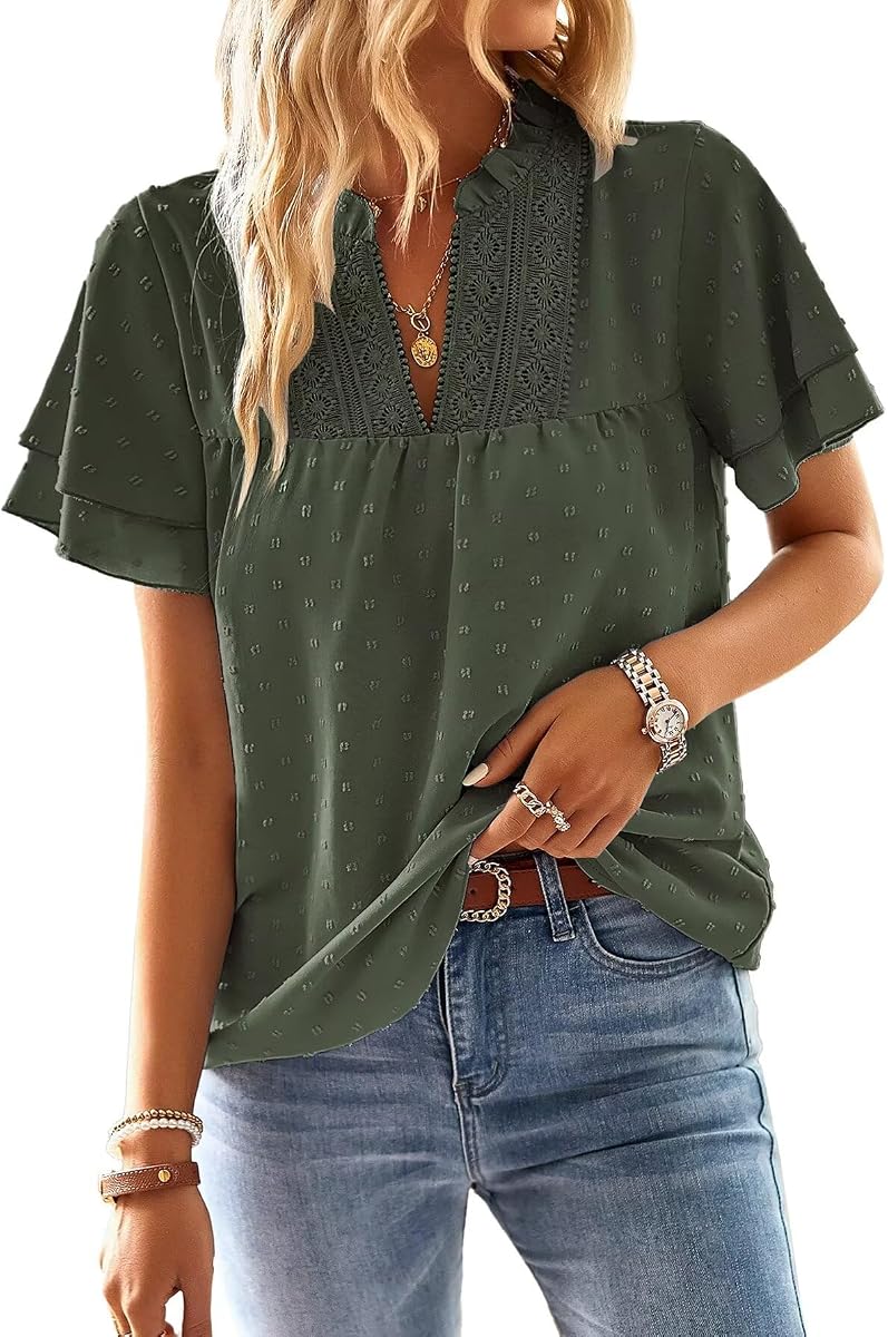 Tops para mujer Camisas bohemias fluidas Blusas casuales elegantes de manga corta | Blusas holgadas con cuello en V, trabajo de negocios, barriga oculta, trajes de verano de encaje para mujer, punto suizo, Babydoll ropa de ganchillo XS-6XL