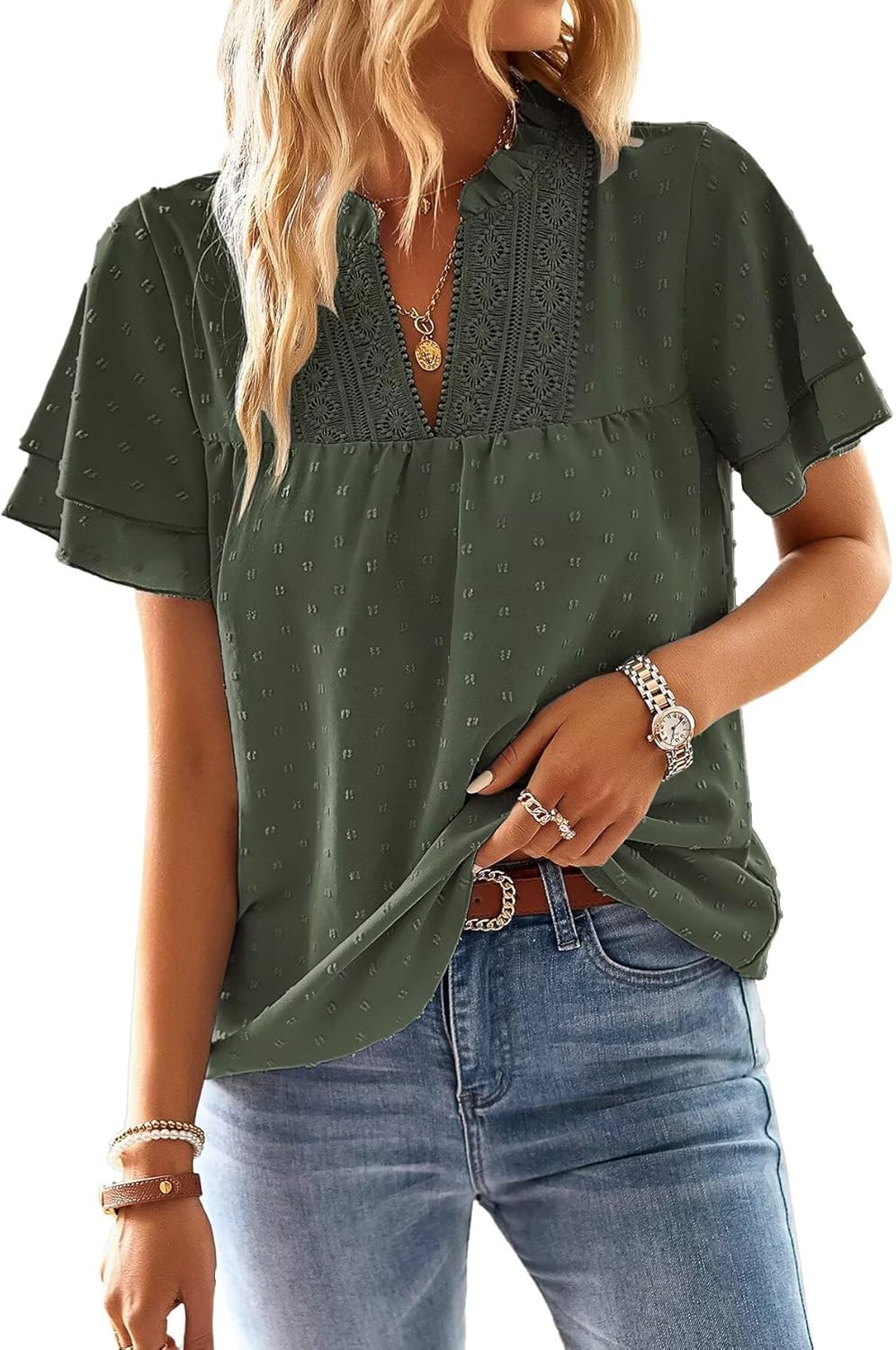 Womens Tops Butterfly Sleeve V Neck Blouses for Women Dressy Casual Flowy Swiss Dot Ruffle Short Sleeve Shirts