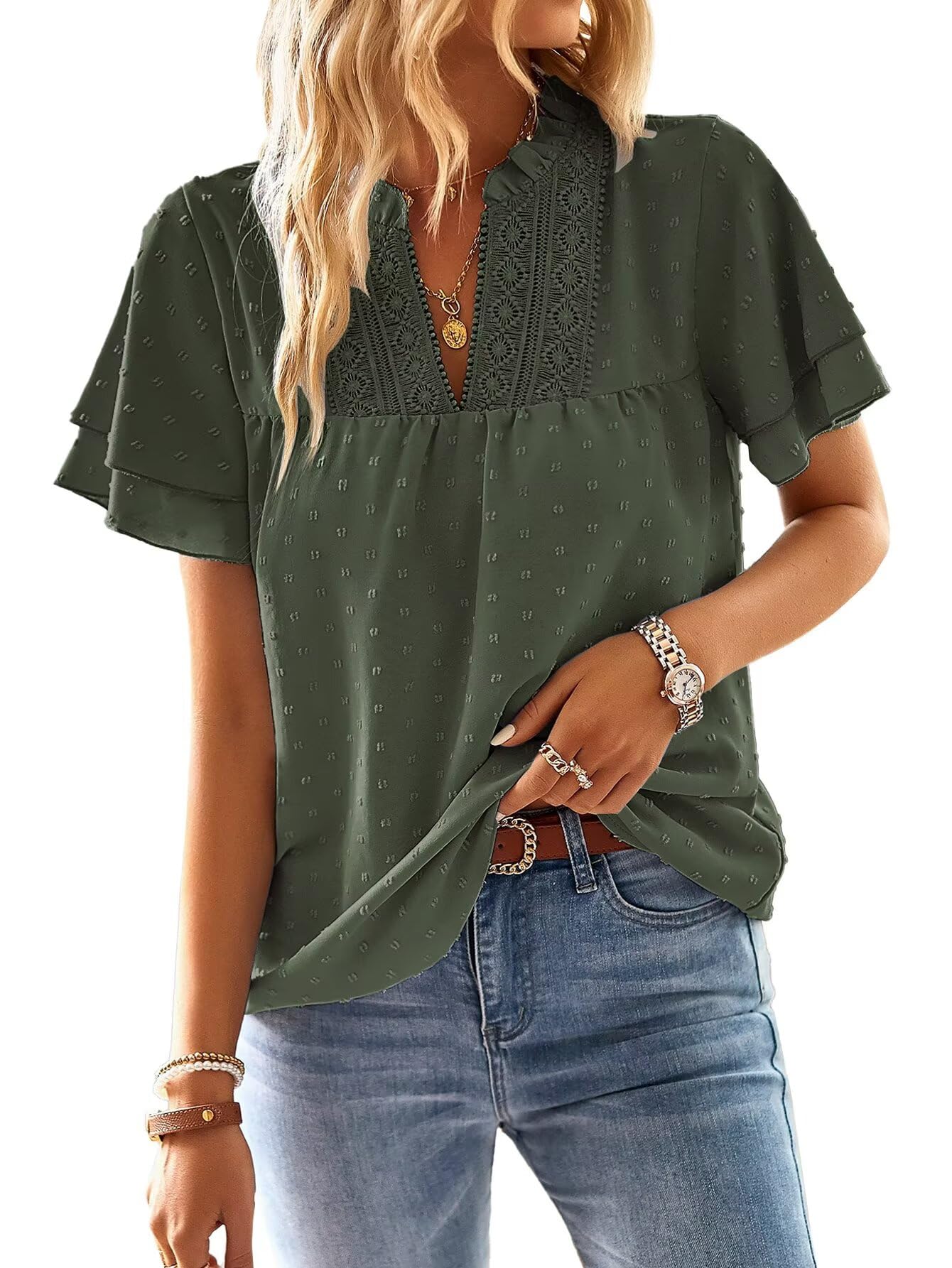 TUUHAW Top Damen Sommer Boho Bluse Kurzarm Oberteile Fließend Elegant V-Ausschnitt T Shirt Lässig Outfits Spitze Kleidung