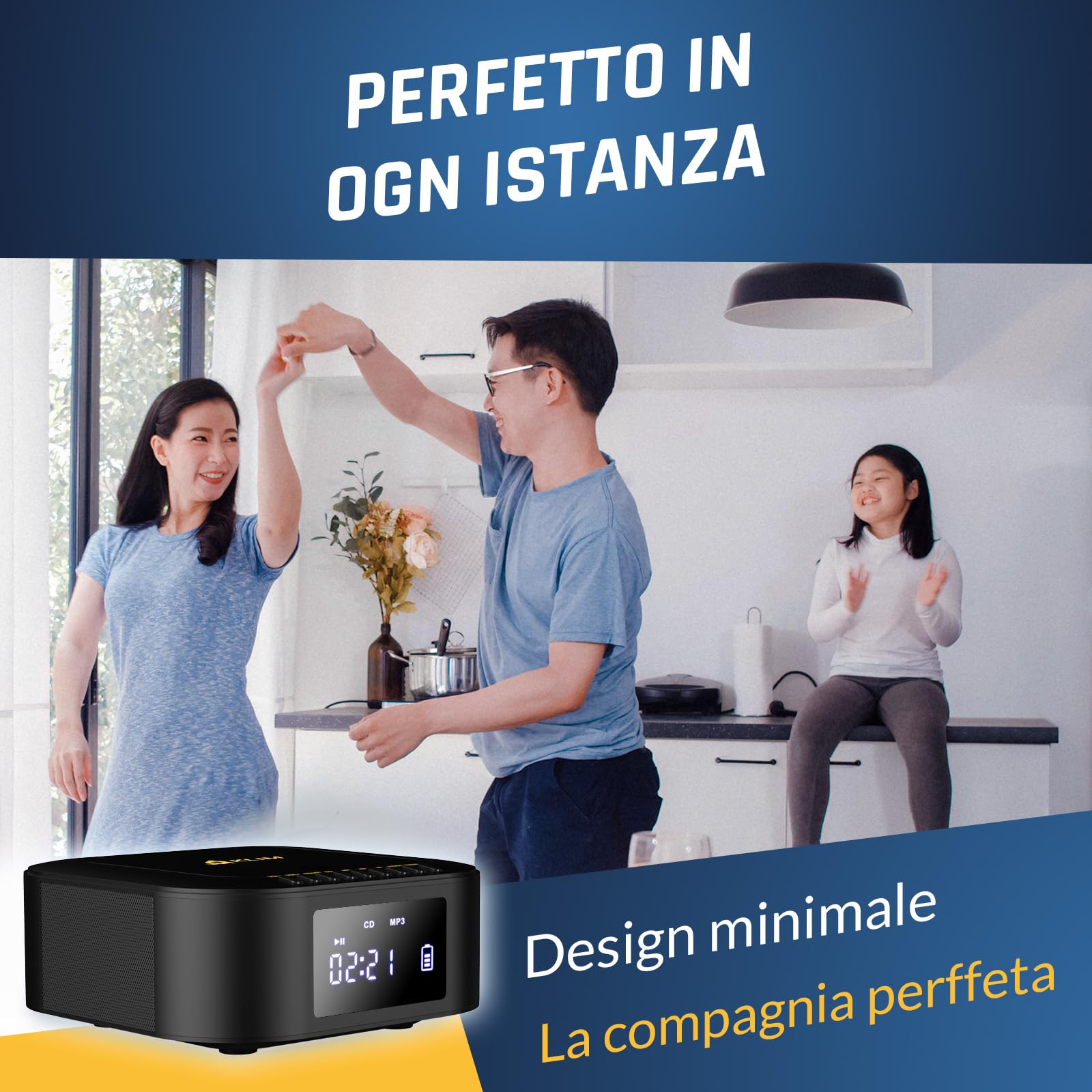 KLIM Lettore CD Stereo Boombox E1 - BASS Boost con Subwoofer - FM Radio con Lettore CD e USB, Bluetooth, AUX - Stereo casa - Filo o Wireless - Batteria ricaricabile, Telecomando - Nero/Oro