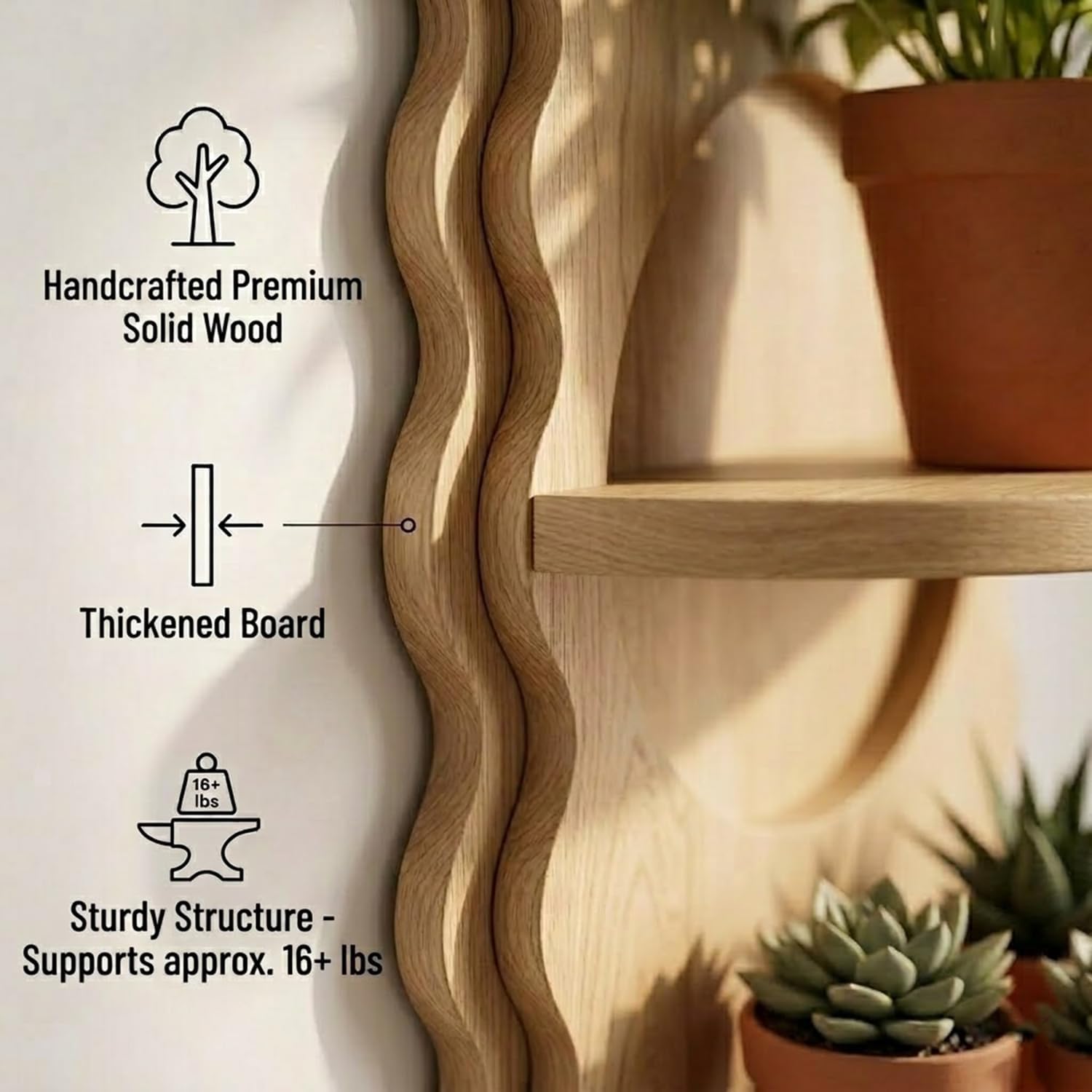 Scalloped Wooden Wall Shelf, Boho Modern 2-Tier Floating Shelves with Layered Wavy Back, Premium Solid Wood Wall Decor for Plants, Small Display Shelf for Living Room, Bedroom, Bathroom, Office