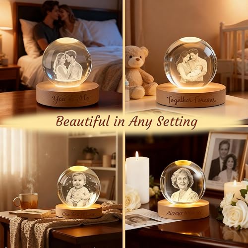 Miniatura 2 de Luz nocturna de bola de cristal personalizada con foto 3D, lámpara de imagen grabada personalizada con base de madera, globo de cristal que cambia
