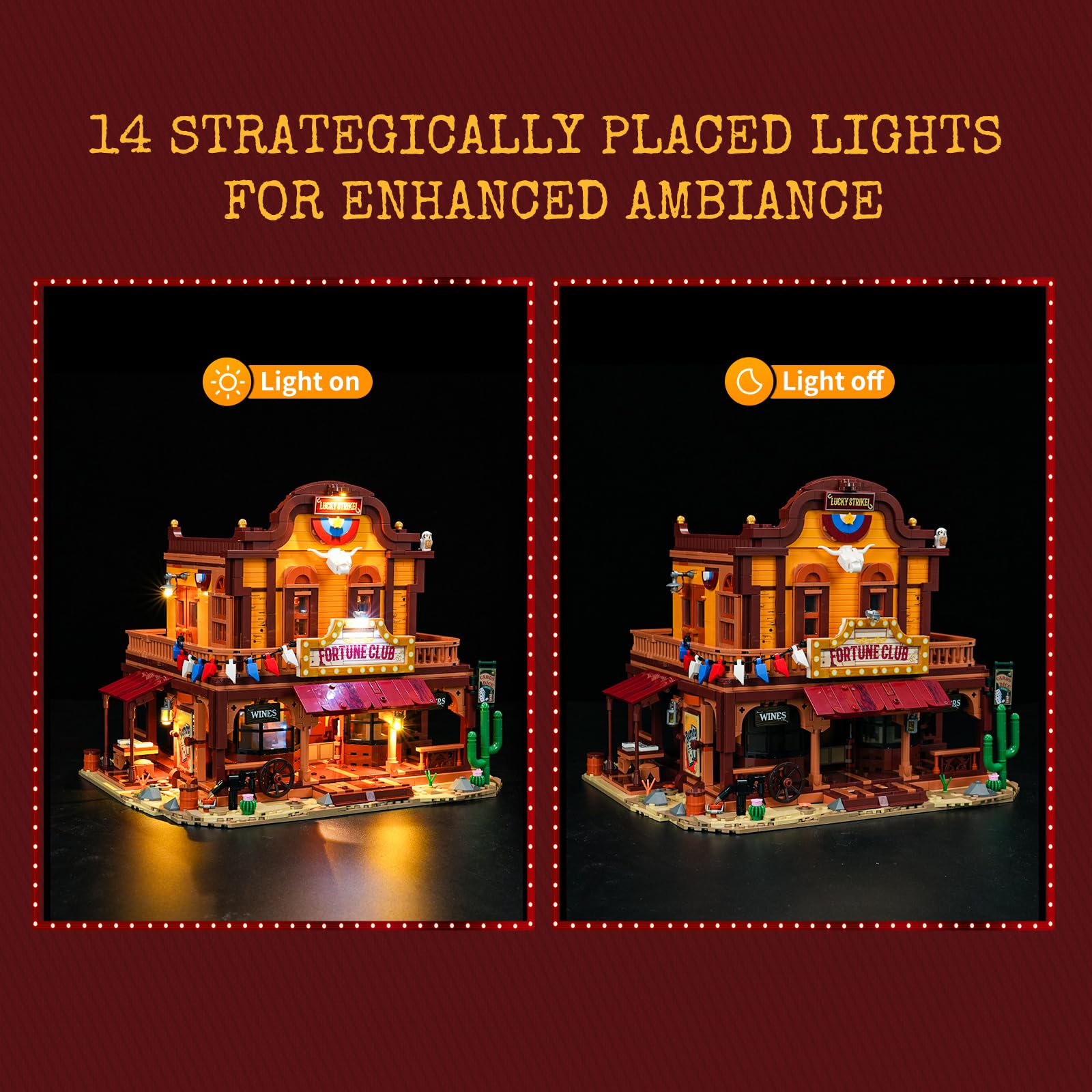 LUMIBRICKS Western Lucky Saloon zestaw klocków zaciskowych LED, 2200 elementów, modułowy budynek Wild-West, model z oświetleniem, podwójna struktura wewnętrzna, tajne przegródki i bogata w szczegóły