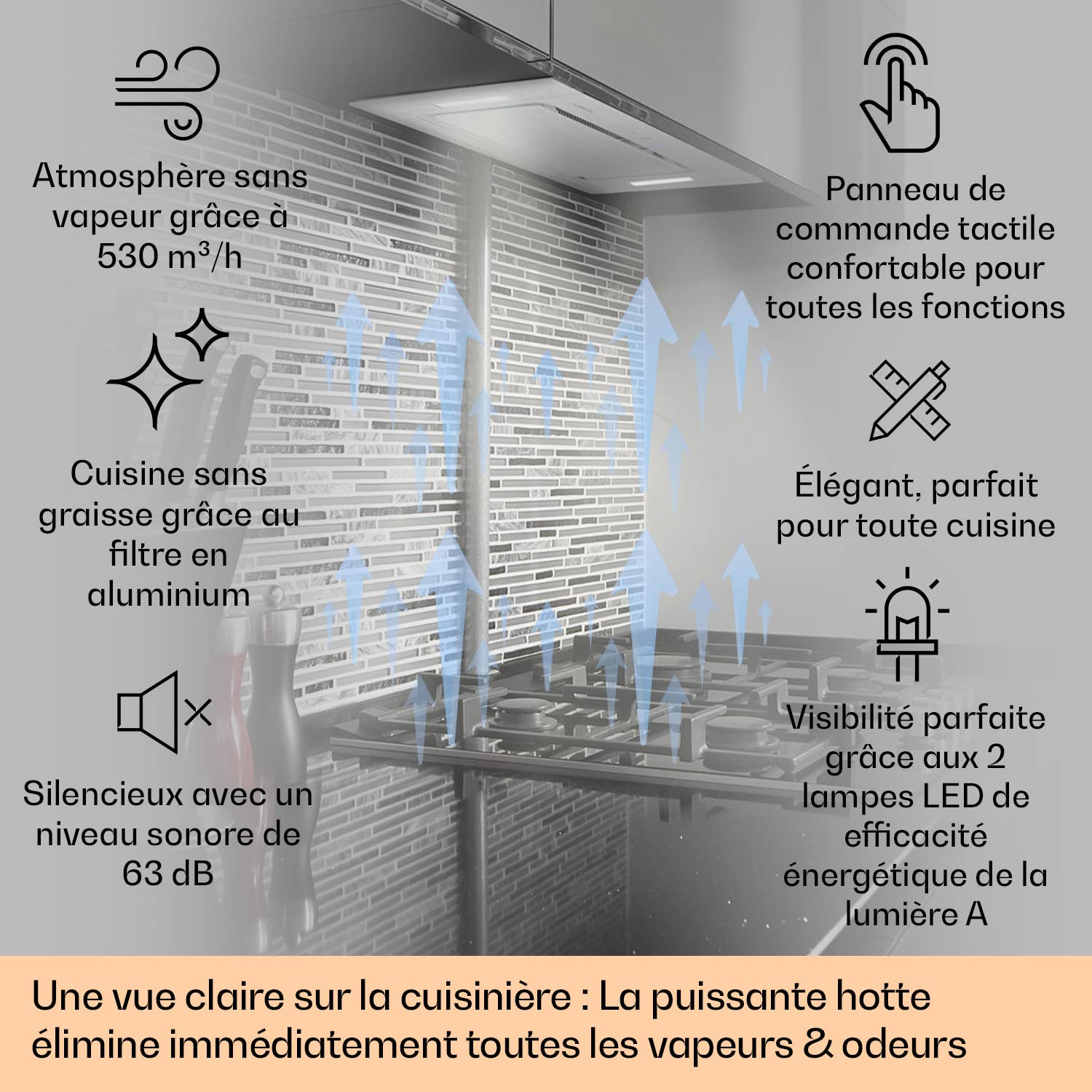 Klarstein Hektor Hotte aspirante encastrable - Hotte aspirante, 52 cm, 190W, 530 m³/h de puissance d’extraction, Écran tactile LED, Blanc