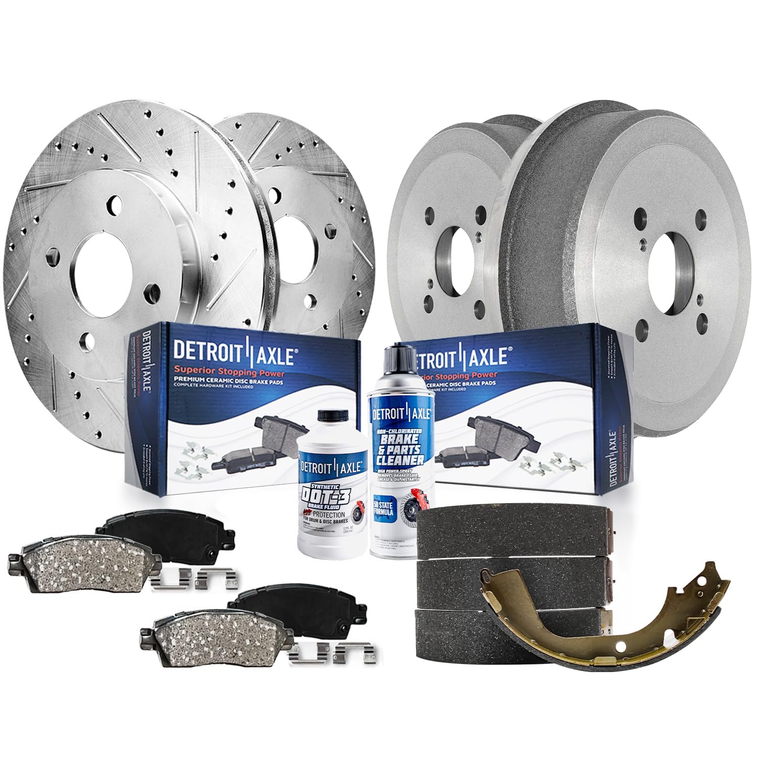 Detroit Axle - Brake Kit for 1998-2002 Toyota Corolla Chevrolet Prizm | Drilled &amp; Slotted Brake Rotors Ceramic Brakes Pads Drums Shoes 1999 2001 Replacement