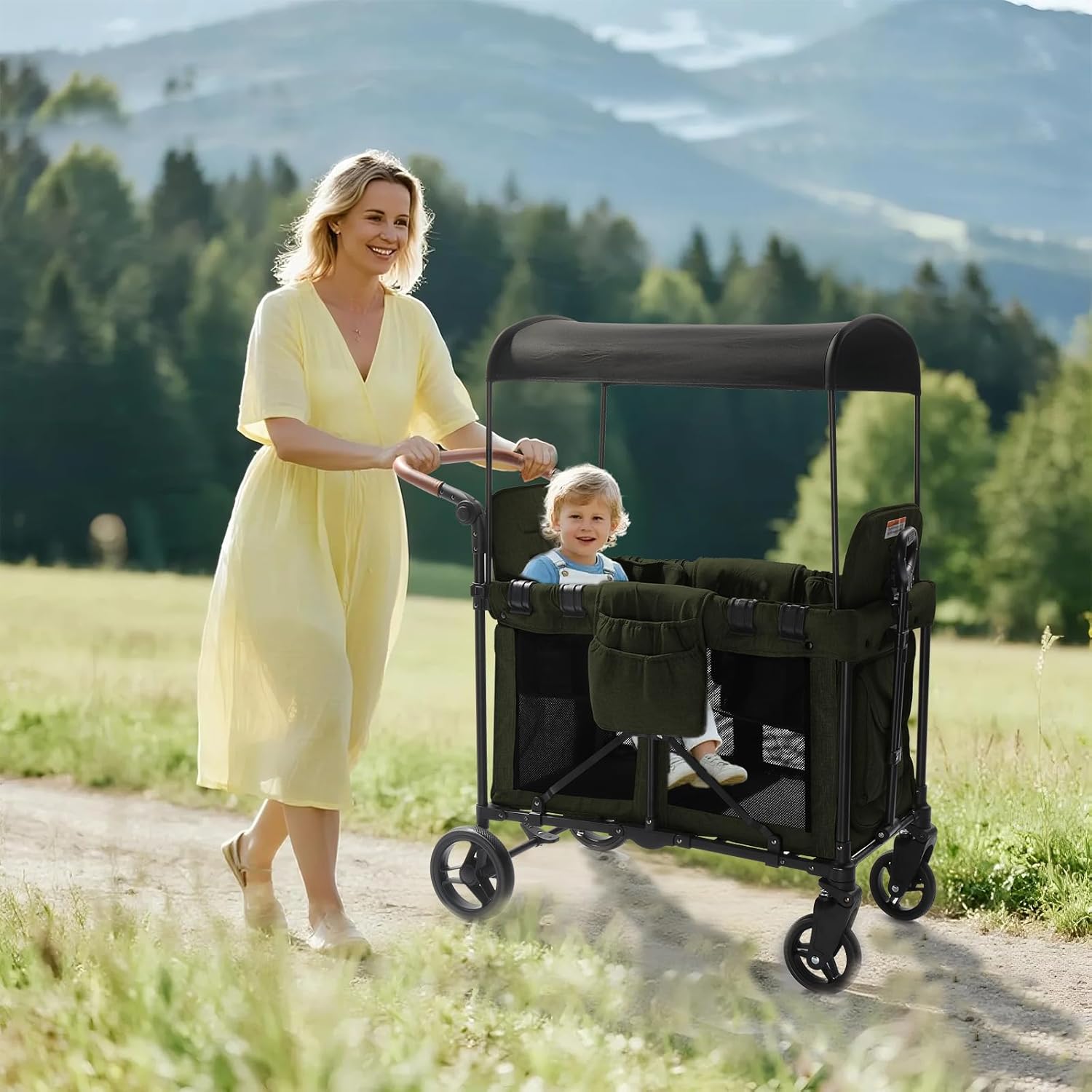 Stroller Wagon for 2 Kids, Baby Wagon Stroller for 2 Seaters, All-Terrain Kids Wagon with Canopy, Parent Organizer, Adjustable Handle & Pull Bar for Infants and Toddlers (Blue) (Green)