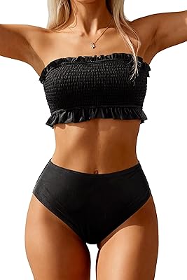 Tempt Me Women Bandeau High Waisted Bikini Sets Smocked Swimsuit Strapless Two Piece Bathing Suit