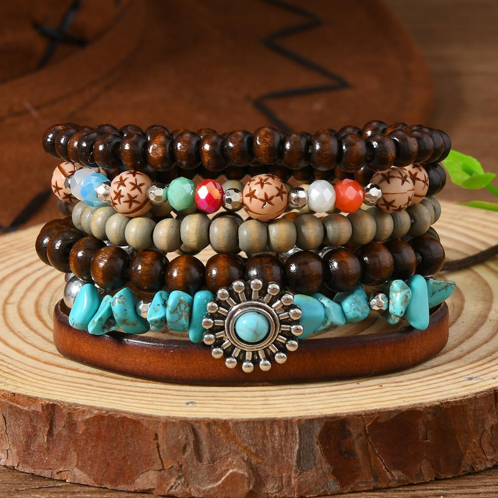 Natural Turquoise Bracelets Handmade Beaded Western Boot Hat Ox Head Oval Flower Cross Coconut Shell bracelet for Men Women Vintage Cowboy Cowgirls Turquoise Jewelry