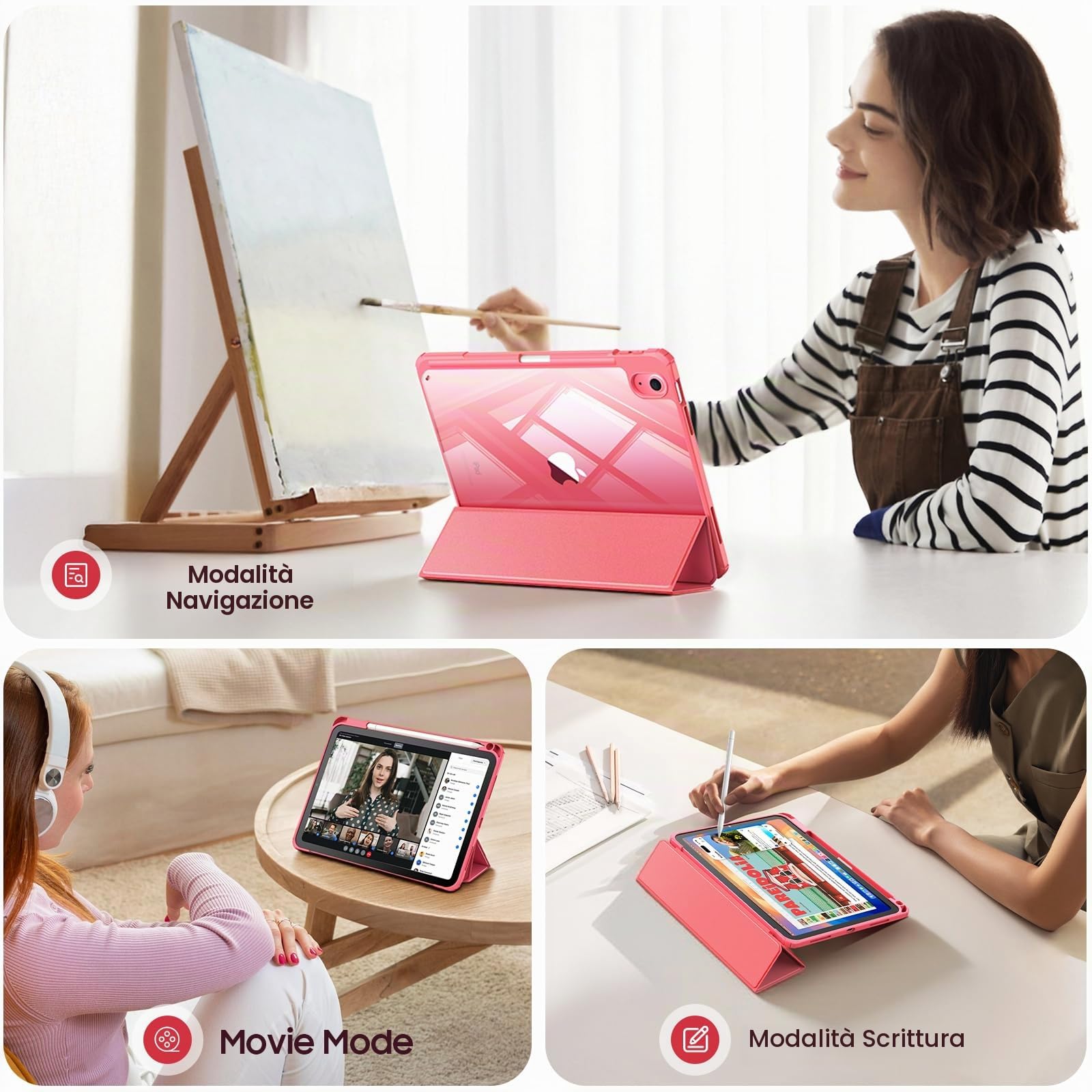 FINTIE Custodia iPad 11ª Gen 11" 2025 A16 Portapenne Sottile Leggero Trasparente Cover Posteriore Bordo TPU Morbido Auto Sveglia Sonno, Pink
