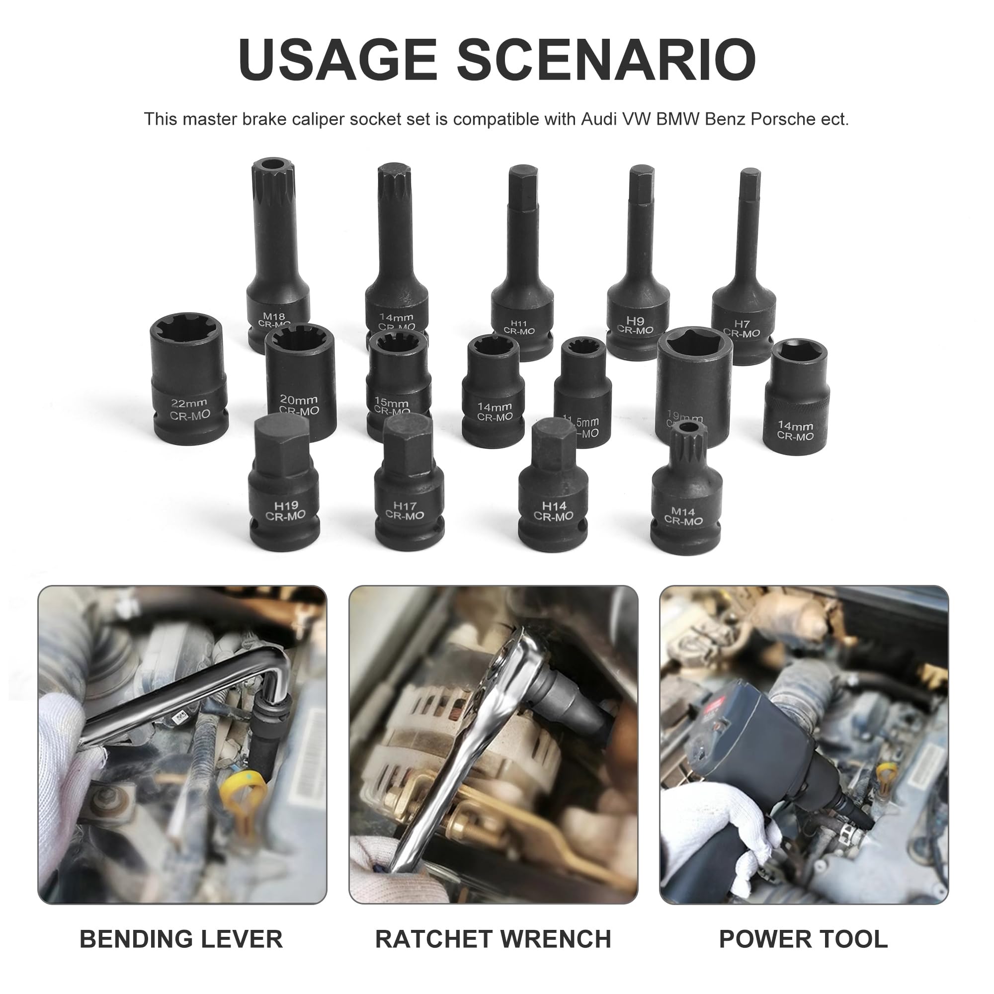 16 PCS Impact Brake Caliper Socket Set, 1/2