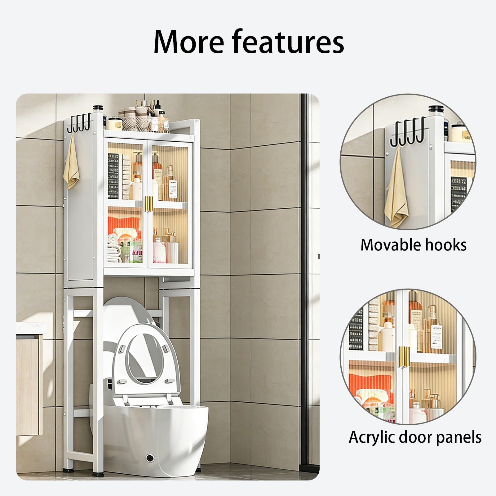 Armadietto portaoggetti in metallo salvaspazio per bagno, con ante in acrilico, bianco, 141 x 50,8 cm, ideale per bagno e lavanderia