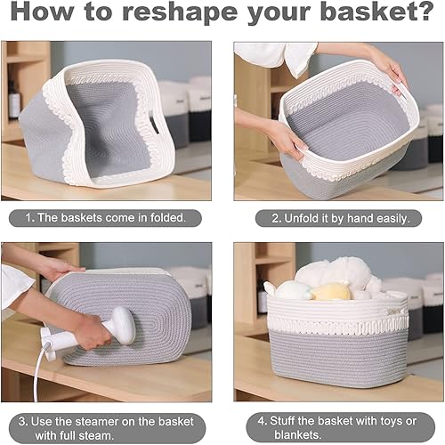 Miniatura 6 de AROPEME Cesta de cuerda de algodón  Cesta de almacenamiento rectangular tejida de 15 x 10 x 9 pulgadas para juguetes libros toallas cesta decorativa