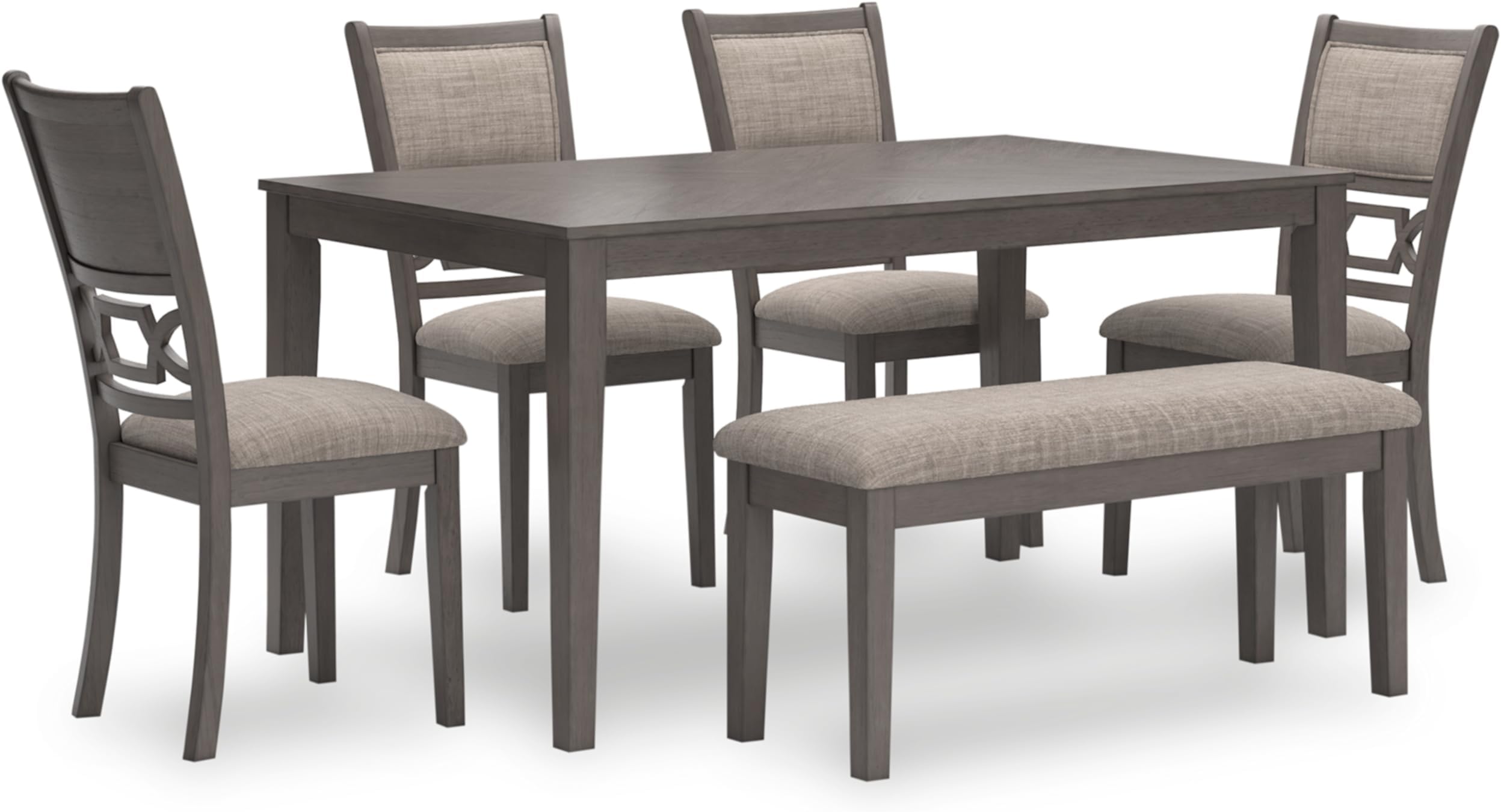 - Signature Design by Ashley Wrenning Diamond Patterned Dining Table Set, 4 Upholstered Chairs and Bench, Seats 6, Wood, Gray