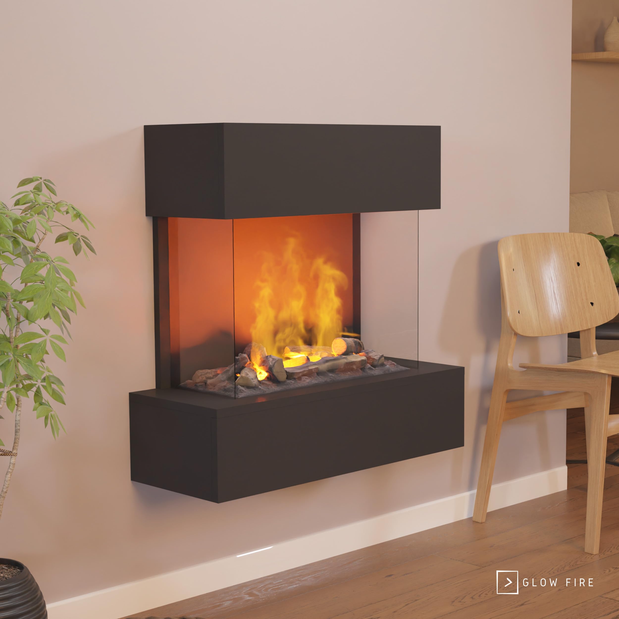 Cheminée Murale électrique GLOW FIRE Hölderlin - Flammes 3D Réalistes Avec Vapeur - Télécommande 80x78x40cm