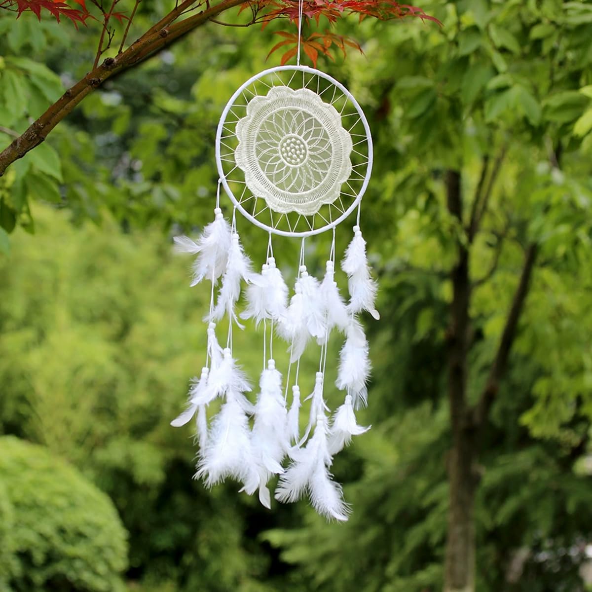 Ieve Attrape-rêves fait à la main avec plumes blanches de taille moyenne et grande pour décoration murale de mariage pour enfants 60 à 65 cm