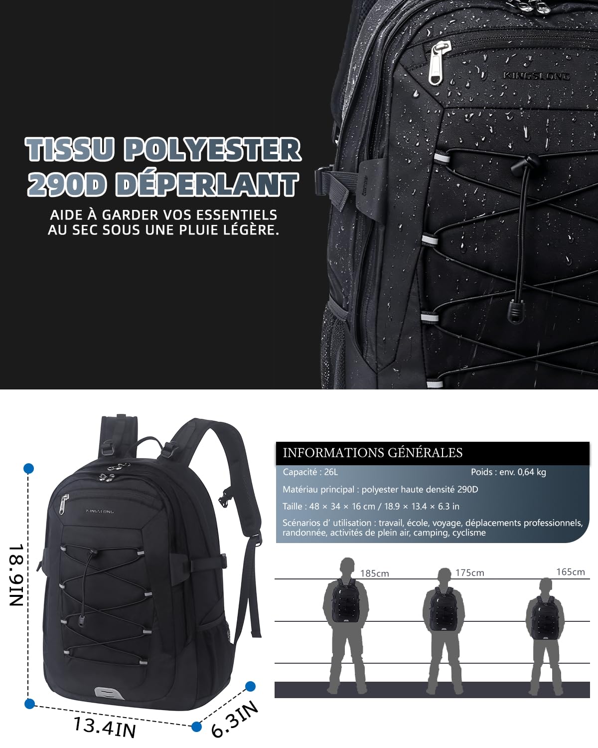 KINGSLONG Plecak trekkingowy 30 l, dla mężczyzn i kobiet: wodoszczelny plecak trekkingowy z kieszenią na laptopa o przekątnej ekranu 17,3", lekki plecak outdoorowy z systemem do picia, odblaskowy, na