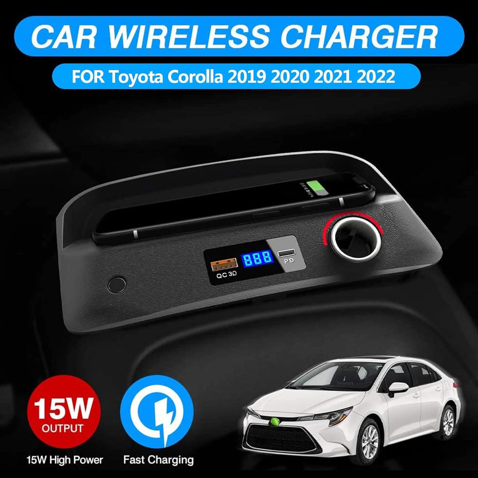 Cargador De Coche Inalámbrico Accesorios De Consola Central Compatible con Toyota Corolla 2019-2022,Carga Rápida Qi De 15 W, con Puerto USB QC3.0,Regalo para Propietarios De Toyota