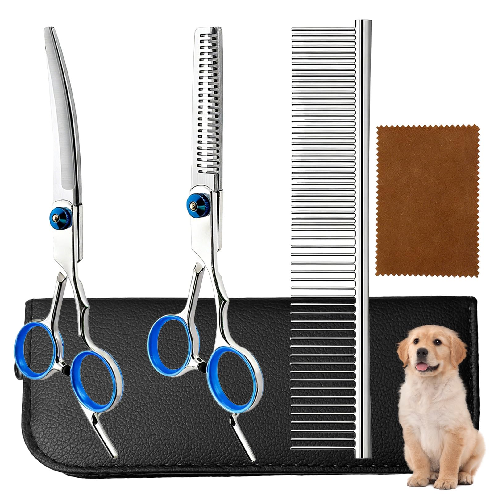 Dog Grooming Scissors Set 5-in-1, Professional Pet Grooming Kit with Stainless Steel Straight, Curved and Thinning Shears, Safety Round Tips, Comb and Leather Storage Pouch