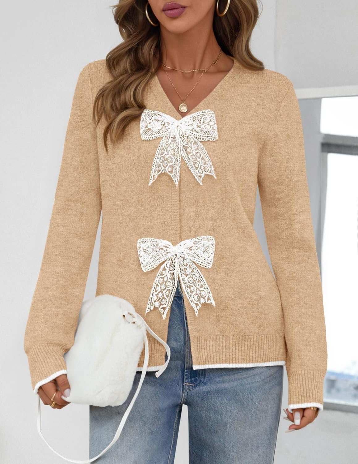 MEROKEETY Women's Tie Front Bow Cardigan Sweaters 2025 Long Sleeve Chunky Knit Cute Trendy Fall Winter Coats - Image 6