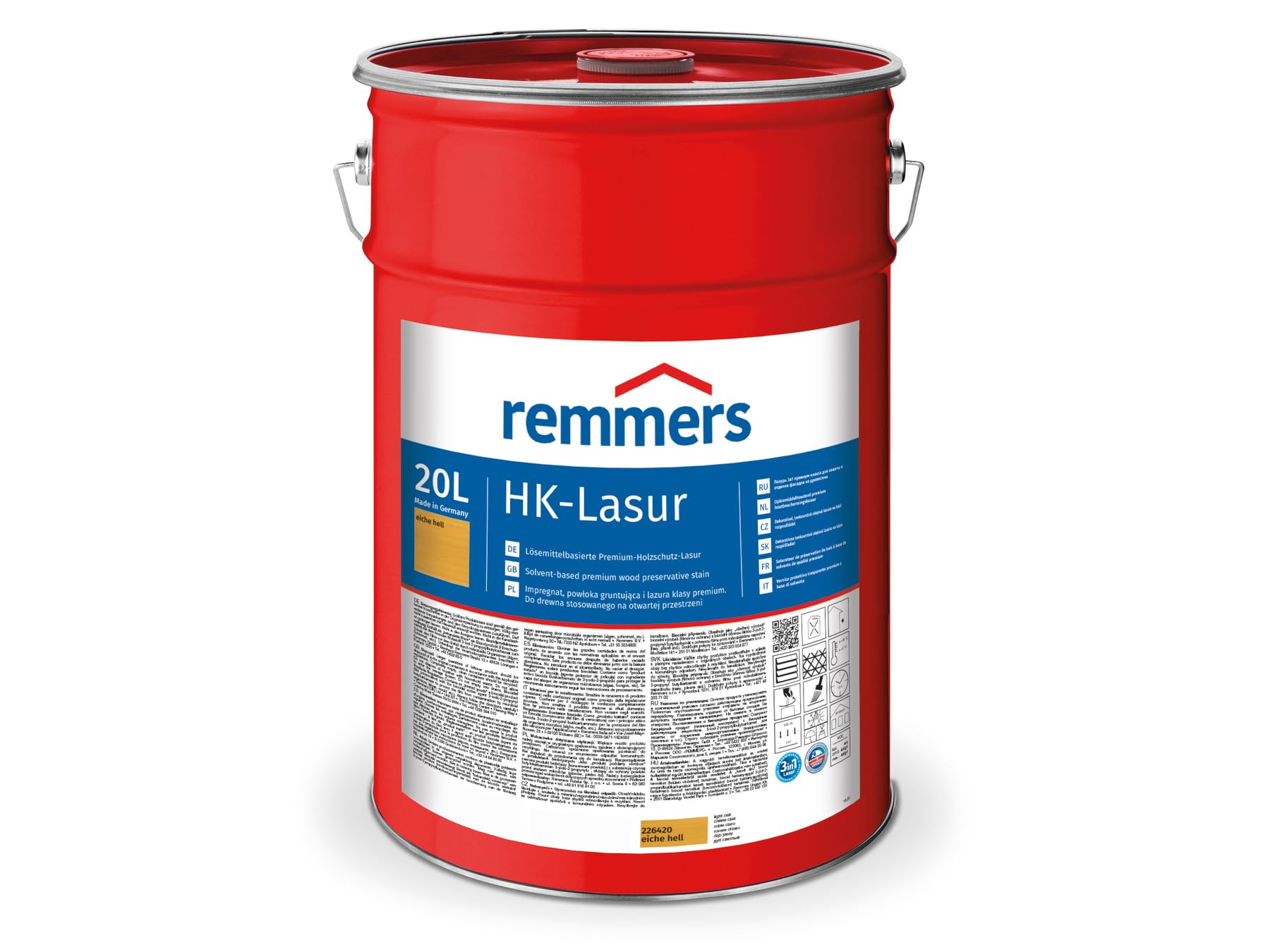 Remmers HK-Lasur 3in1 eiche hell, 20 Liter, Holzlasur aussen, 3facher Holzschutz mit Imprägnierung + Grundierung + Lasur, Feuchtigkeit- und UV-Schutz