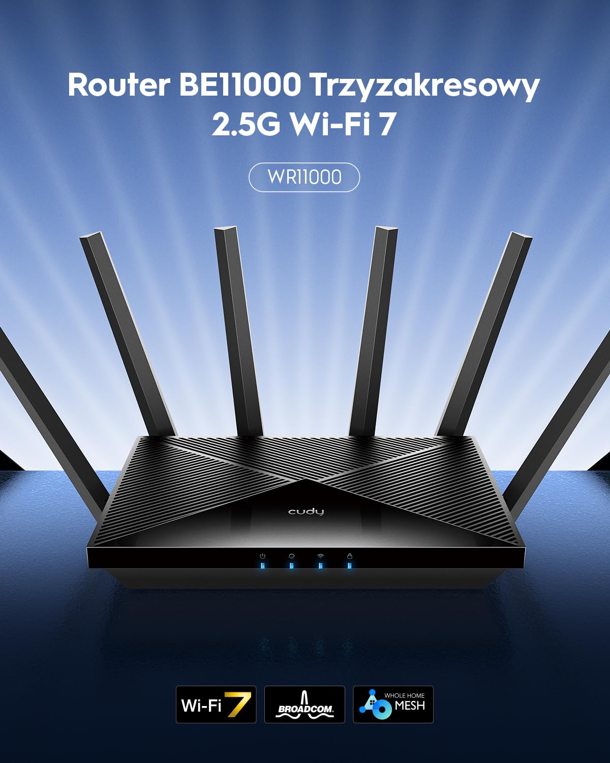 Cudy router Wi-Fi 7 BE11000 tri-band, 6 strumieni, 10 Gb/s, 4 × porty 2,5G, do 11000 Mb/s, serwer i klient VPN, aplikacja Cudy i obsługa sieci Mesh, 6 anten o wysokim zysku, model WR11000