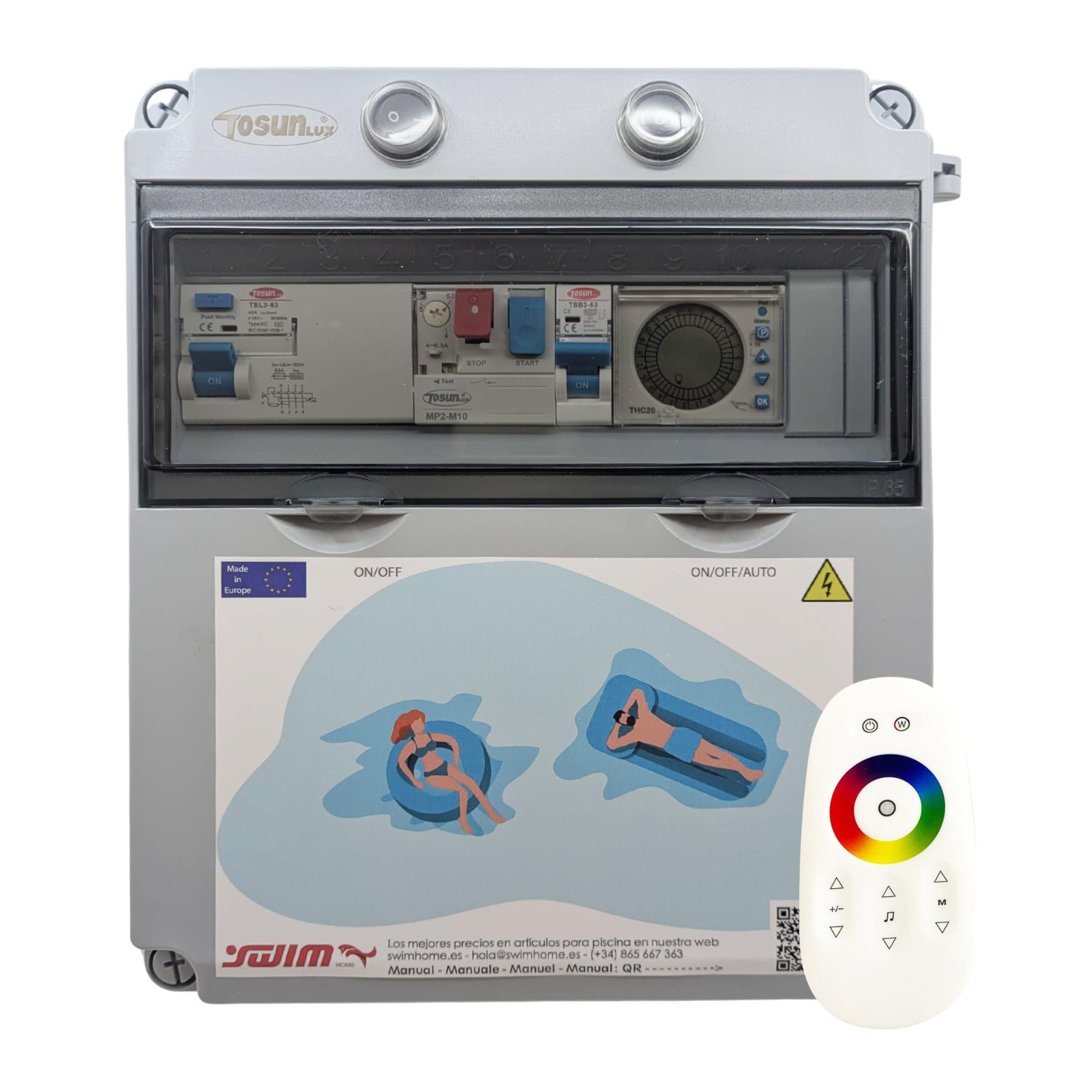 Tosun Cuadro Eléctrico Piscina Trifásico 150W 12V Control WiFi RGBW, Guardamotor 9-14A, IP65, ABS Gris