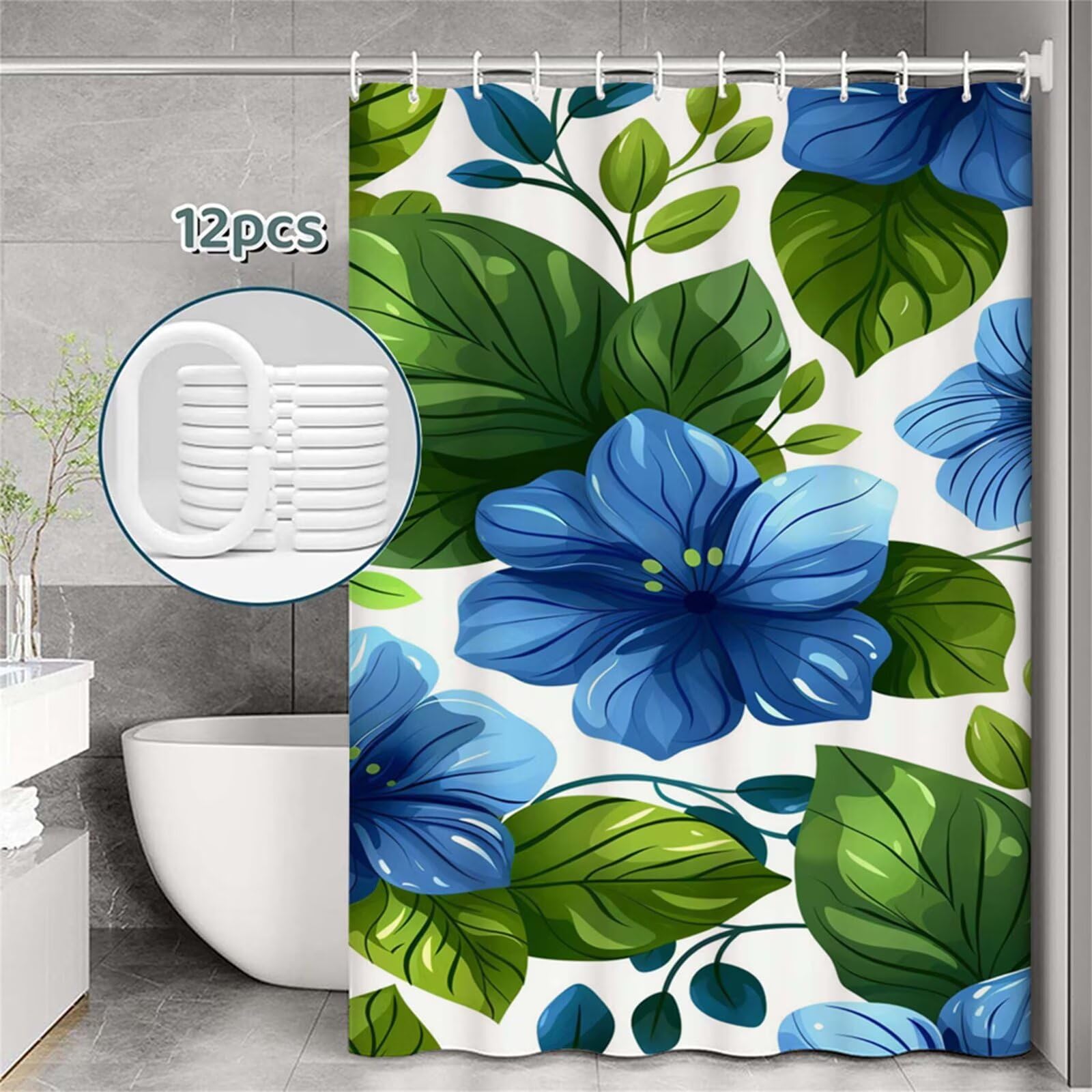 Tenda Doccia in Poliestere verde, Tende per Doccia Extra Lunga 240x200cm, fiore Tenda Vasca da Bagno Tessuto Lavabile, Impermeabile e Facile da Pulire, con 12 Ganci, Decorazione per Bagno, Hotel Z-550
