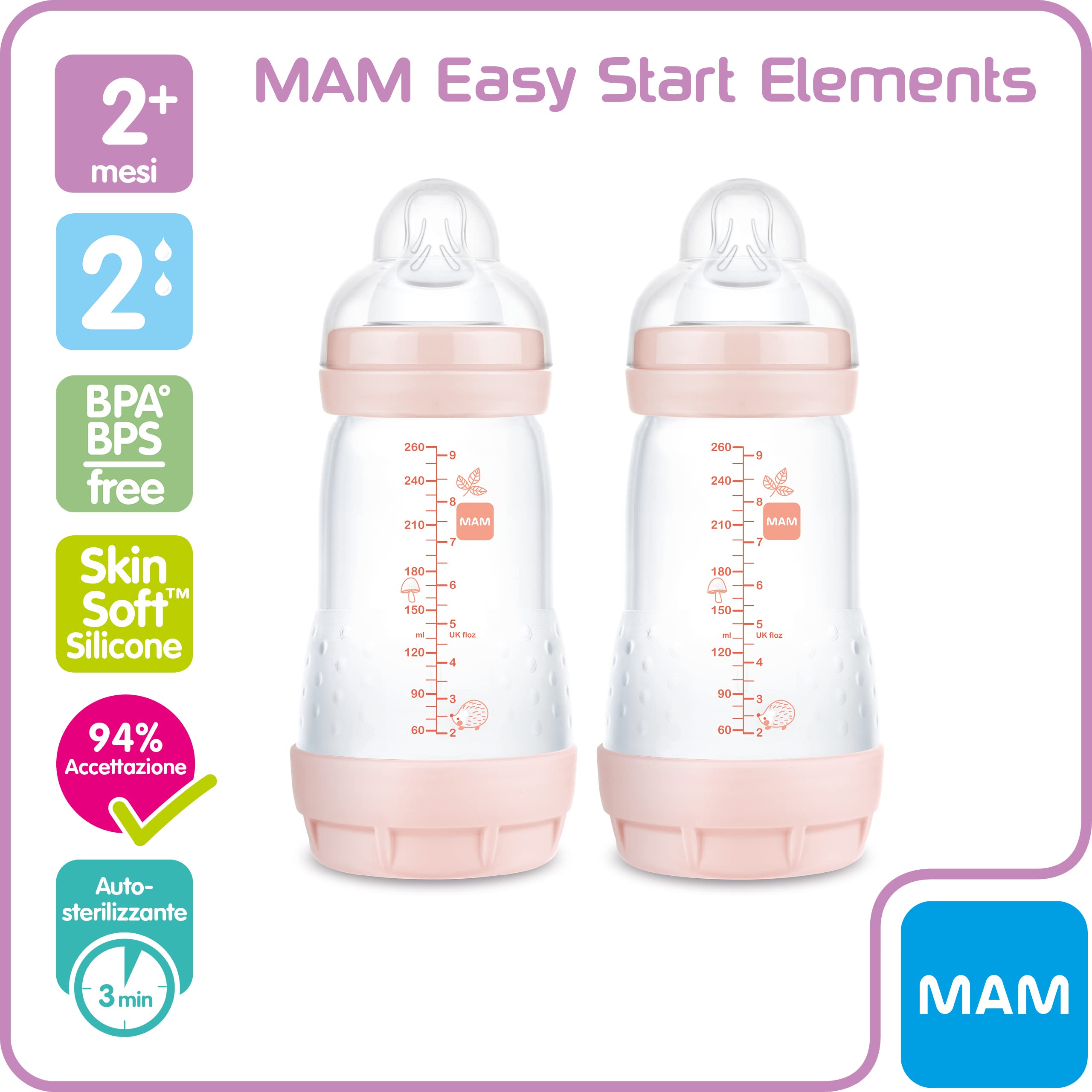 MAM Biberon Easy Start Anticolica, in Set da 2, con Tettarella in Silicone SkinSoftTM, 2+ Mesi, 260 ml, Rosa