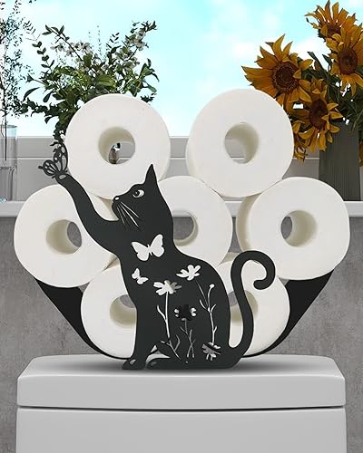 Almacenamiento de papel higiénico de animales, decoración de gato colorido, rollos de baño, soporte de papel de seda de metal negro independiente 8
