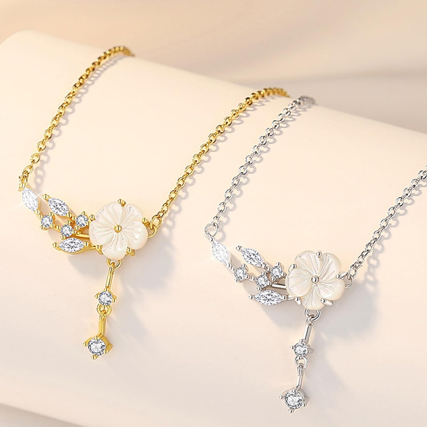 925 Sterling Silver Cherry Blossom Necklace for Women Mom Pink Jewelry 14K Gold Plated Cute Birth Month Enamel Flower Pendant Necklace Floral Artificial Stone Pearl Chain Valentines Day Jewelry Gifts - Image 6