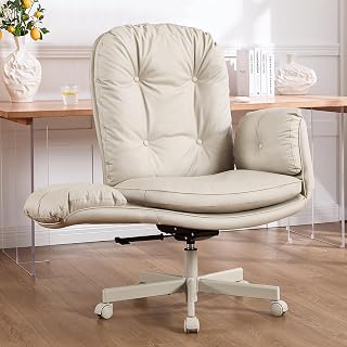 Amseatec Criss Cross Chair with Flip Armrests for Pet,Office Chair Cross Legged Sitting,Comfortable Adjustable Swivel Office Desk Chair-PU Leather Vanity Chair for Home,Makeup,and Bedroom(Cream) - Amazon product rated Grade A
