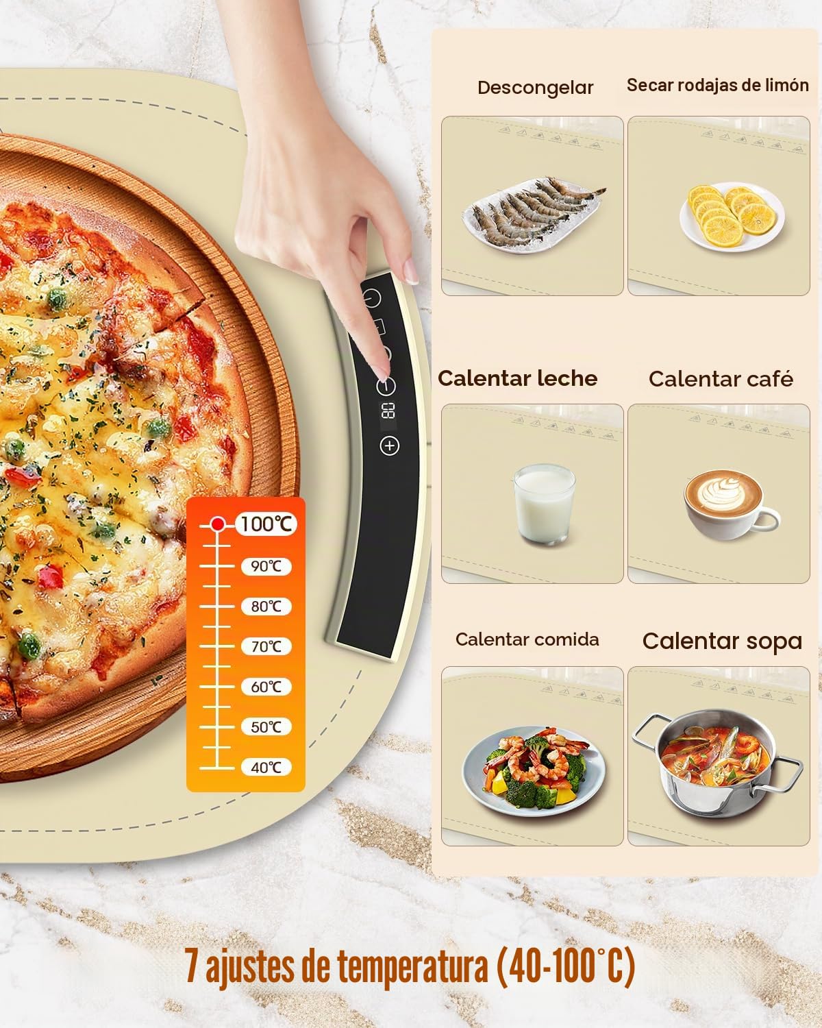 MQFORU Bandeja Calefactora Comida (60x40cm), Placa Calentadora Silicona Portátil Plegable con 7 Ajustes de Temperatura, Temporizador de 4 Horas y Bloqueo de Seguridad, Función de Bloqueo para Niños