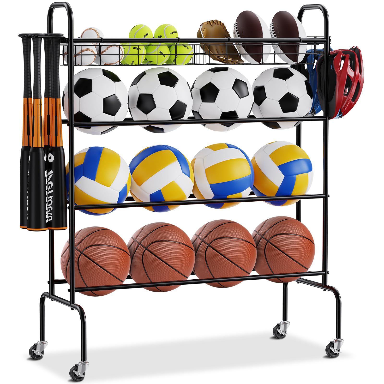 VEVOR Rolling Sports Ball Storage Cart, Lockable Basketball Cage with Double Lids, Sport Equipment Holder Organizer for Indoor Outdoor, Steel Storage