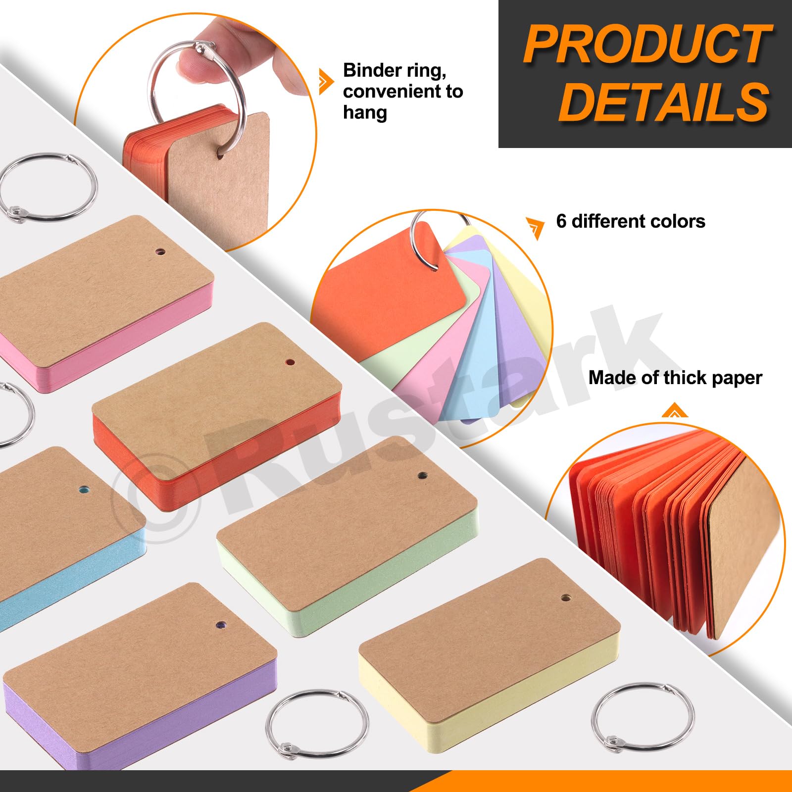 Rustark 600Pcs 2.2 x 3.5 Inches / 9 x 5.4cm 6 Colors Index Cards with Rings Blank Easy Flip Flash Card Study Note Cards Thick Memo Card for Office School Learning Memory - Image 4