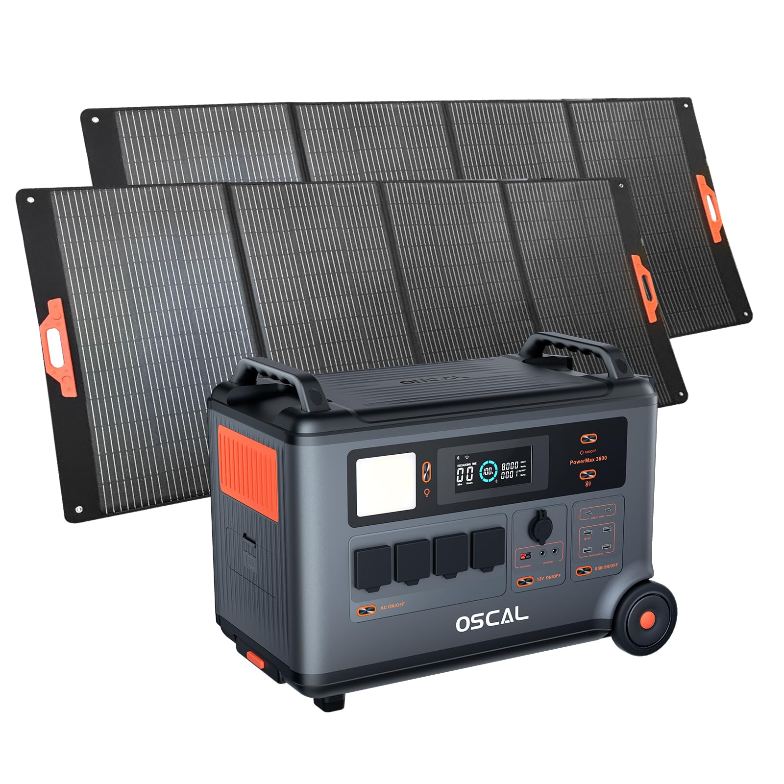 Stazione di energia portatile OSCAL PM3600+2*PM400, Batteria di riserva domestica LFP 3600Wh, Carica completa 1.2H, Generatore solare per campeggio, camper, con 2 pannelli solari 400W
