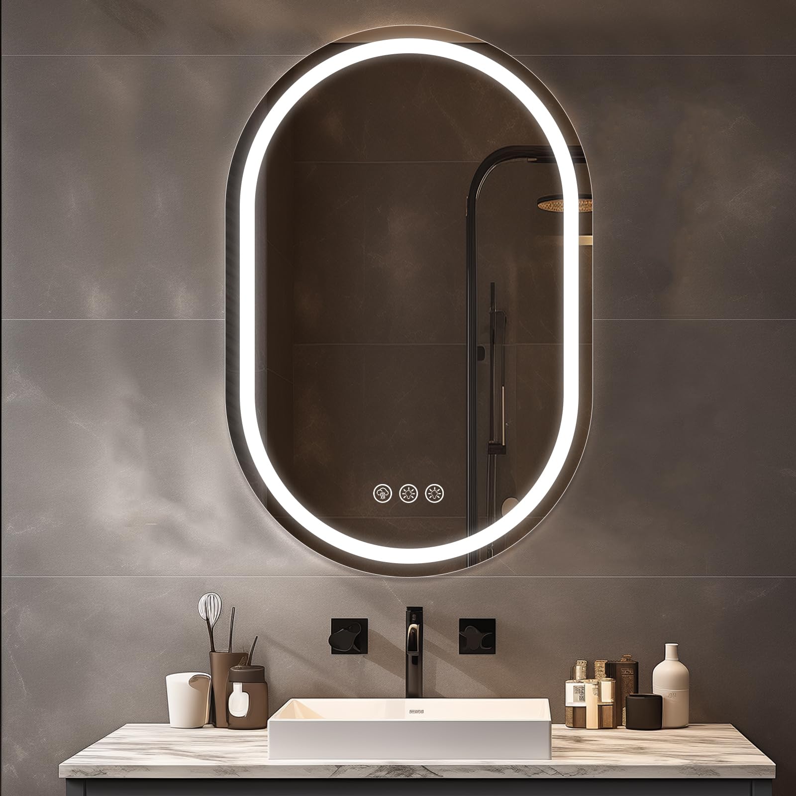 Ratsamee LED Bathroom Wall Mirror with LED Lights - 600x900mm Anti-Fog Vanity Mirror, 3-Color Dimmable Frontlit Illumination for Makeup, Wall Mounted Bathroom Lighting