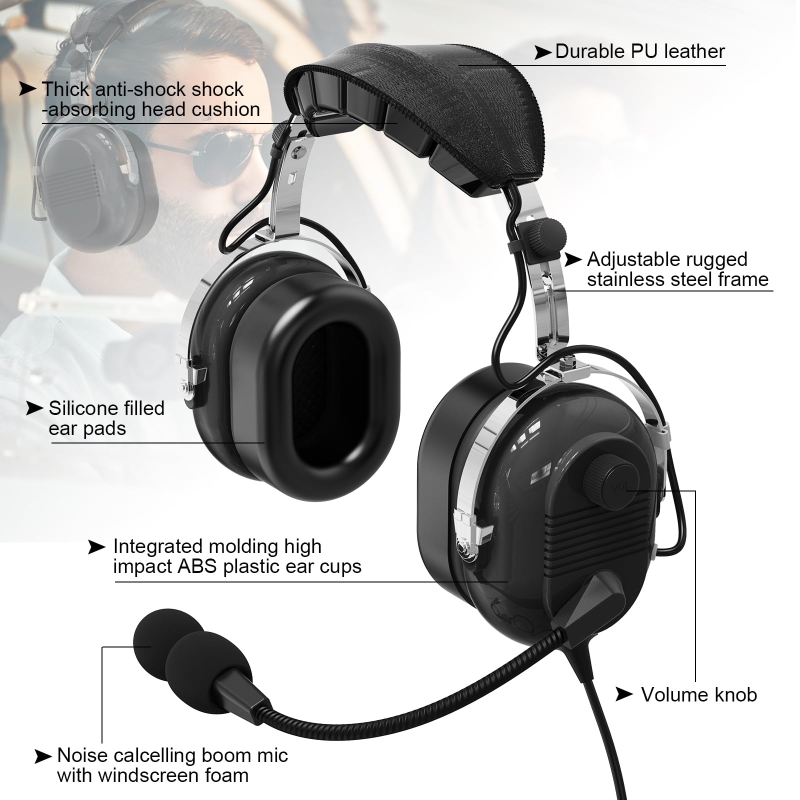 General Aviation Headset GA Dual Plugs Auriculares Piloto Pasiva Cancelación de Ruido con Micrófono Mono y Estéreo Reducción 24dB Boom Micrófono Protección Auditiva Gel Ear Seals Auriculares