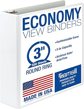Samsill 3 Inch 3 Ring Binder, Economy Round Ring, Clear View Cover, 550 Sheet Capacity - for School, Home, Office - White