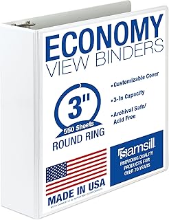Samsill 3 Inch 3 Ring Binder, Economy Round Ring, Clear View Cover, 550 Sheet Capacity - for School, Home, Office - White