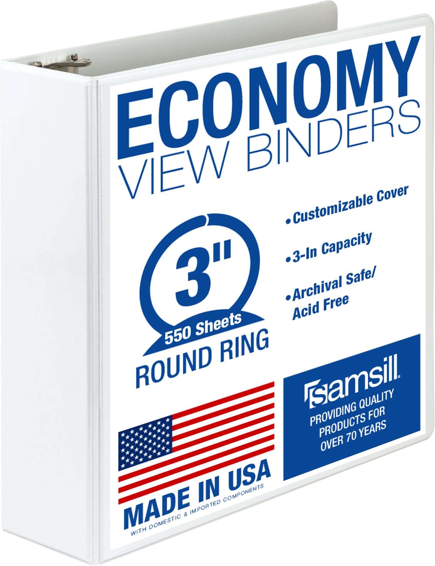 Samsill 3 Inch 3 Ring Binder, Economy Round Ring, Clear View Cover, 550 Sheet Capacity - for School, Home, Office - White