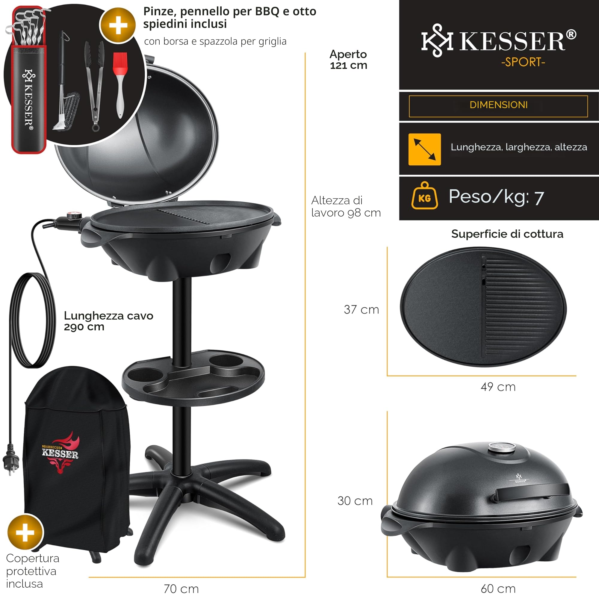 KESSER® Barbecue elettrico 2in1, grill da tavolo con supporto per coperchio | termometro max. 2400 watt | rivestimento antiaderente | piastra XXL | ripiano integrato grill elettrico - Inkl. Set