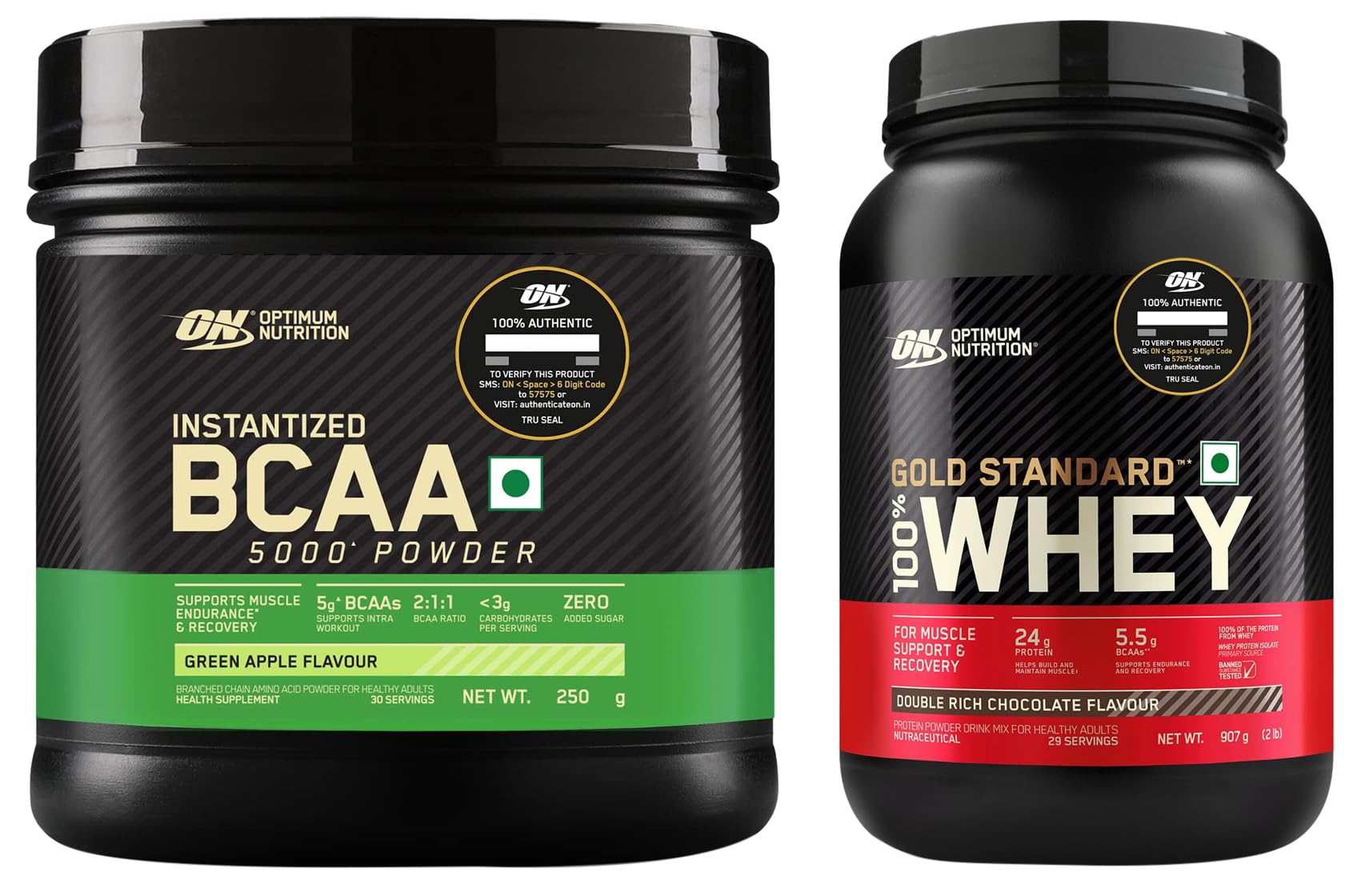 OPTIMUM NUTRITION (ON) Gold Standard 100% Whey- 2 Lbs (Double Rich Chocolate) And BCAA (Green Apple) 30 Servings, 1157 Grams