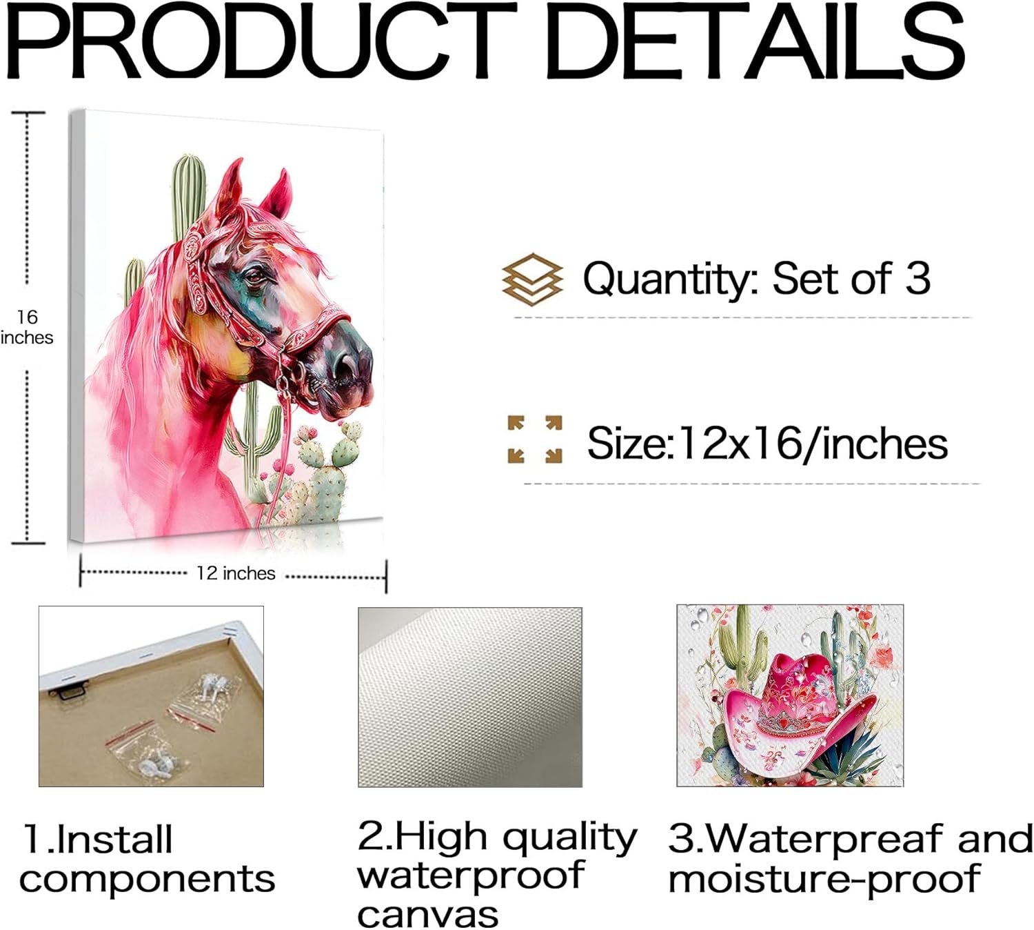 Frimeeme Western Girl Cowgirl Canvas Wall Art,Pink Cowgirl Decor,Horse Decor for Girls Room, 12x16 Inches Framed，Set of 3 - Image 3