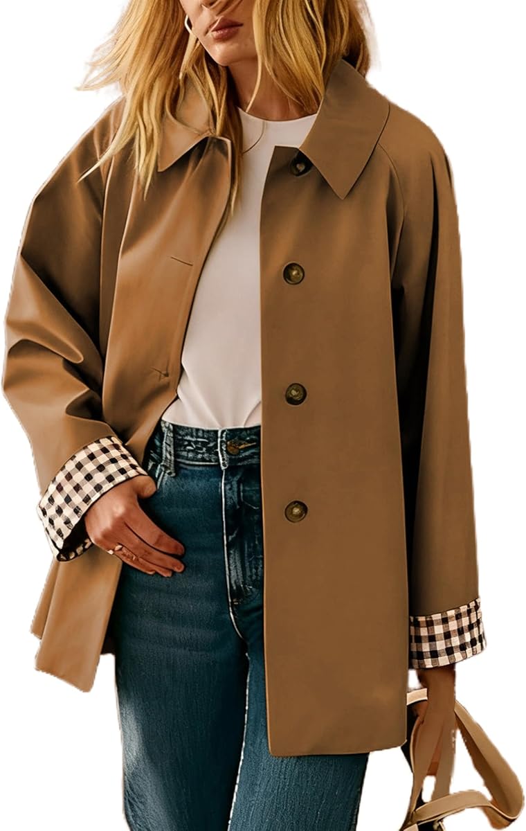 Dqbeng Womens Trench Coat Oversized Button Up Jacket Plaid Lined Classic Outerwear with Pockets
